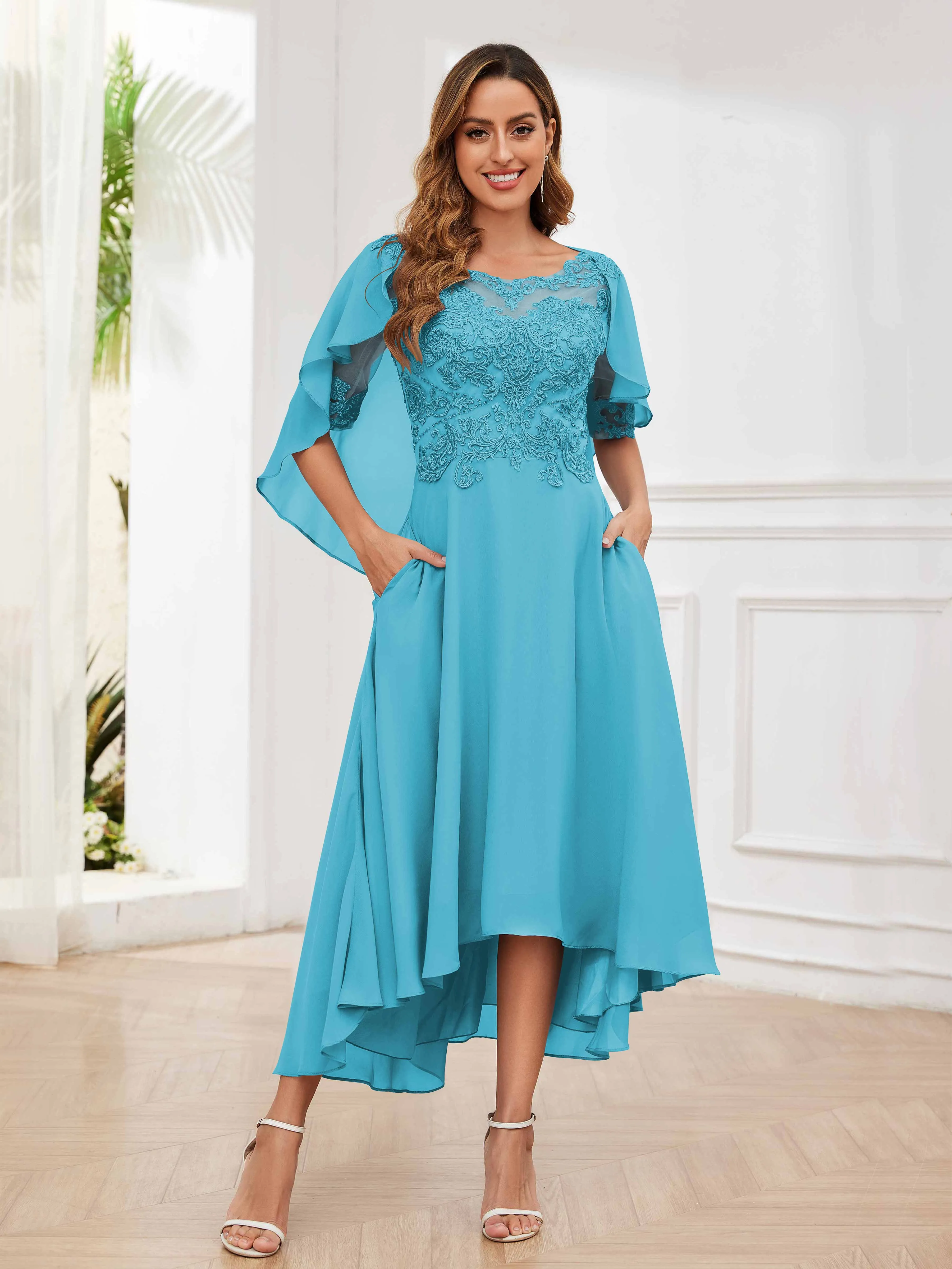 Jaliyah Trendy Illusion Lace Chiffon High Low Mother of the Bride Dresses