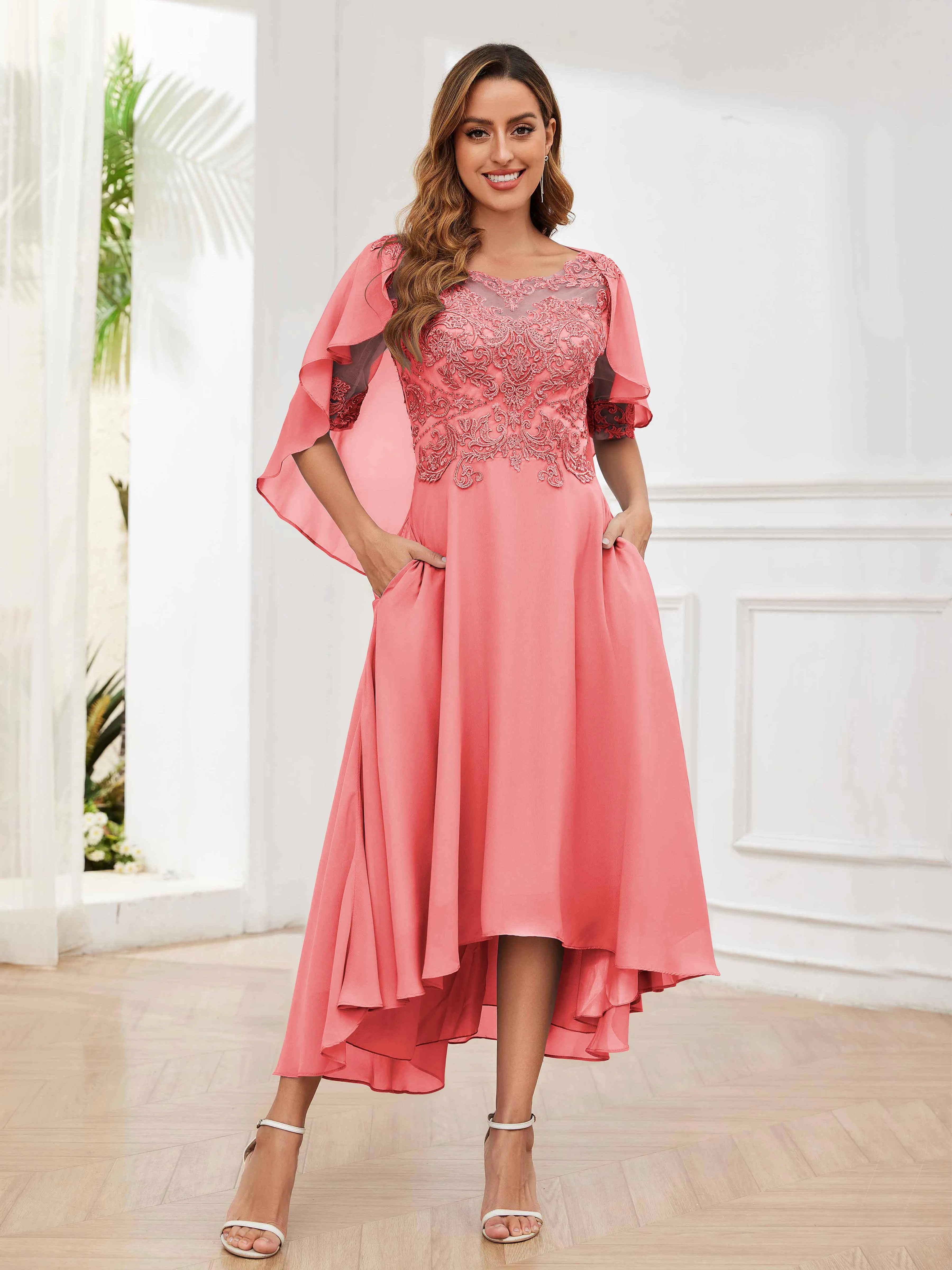 Jaliyah Trendy Illusion Lace Chiffon High Low Mother of the Bride Dresses