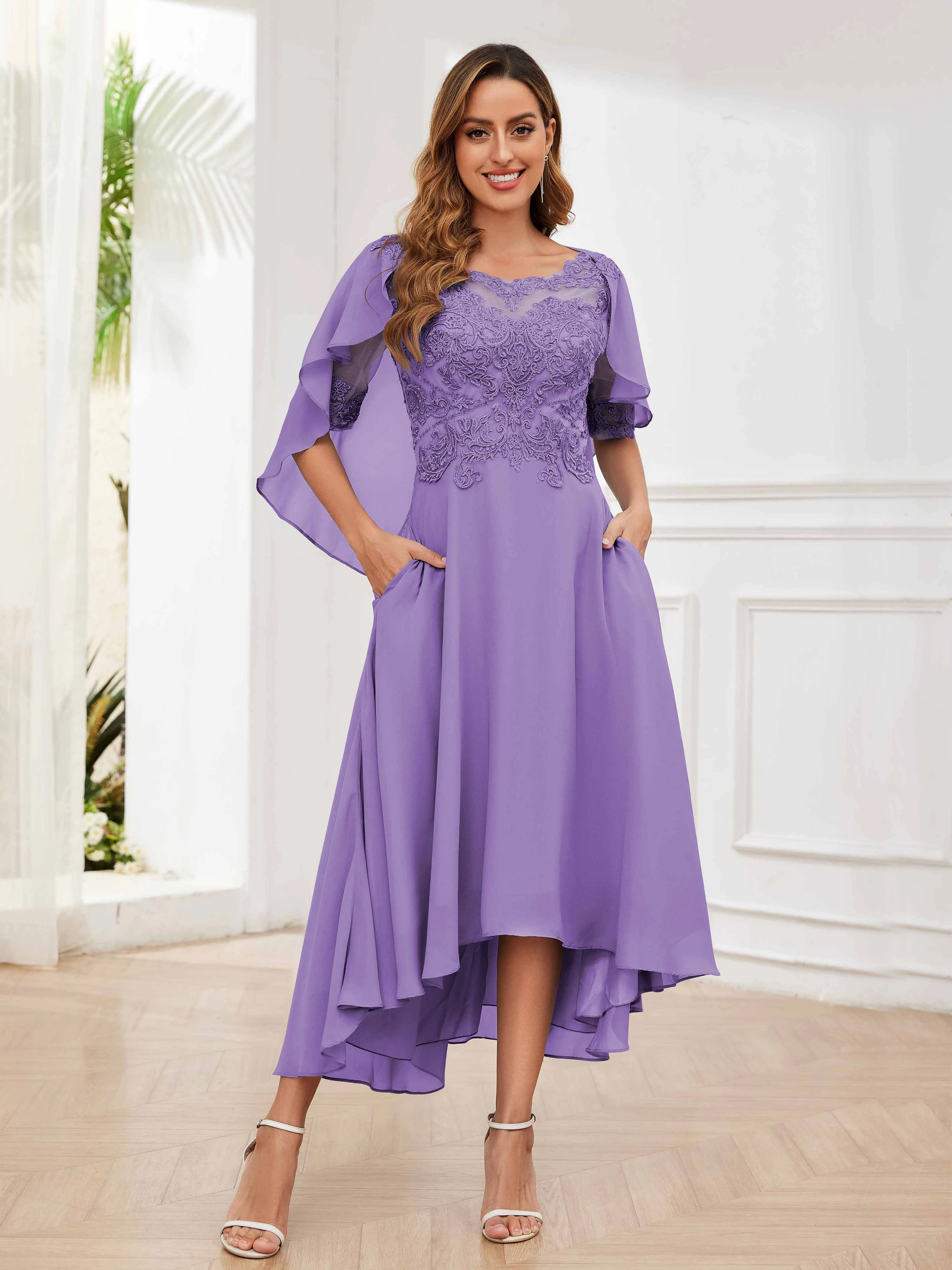 Jaliyah Trendy Illusion Lace Chiffon High Low Mother of the Bride Dresses