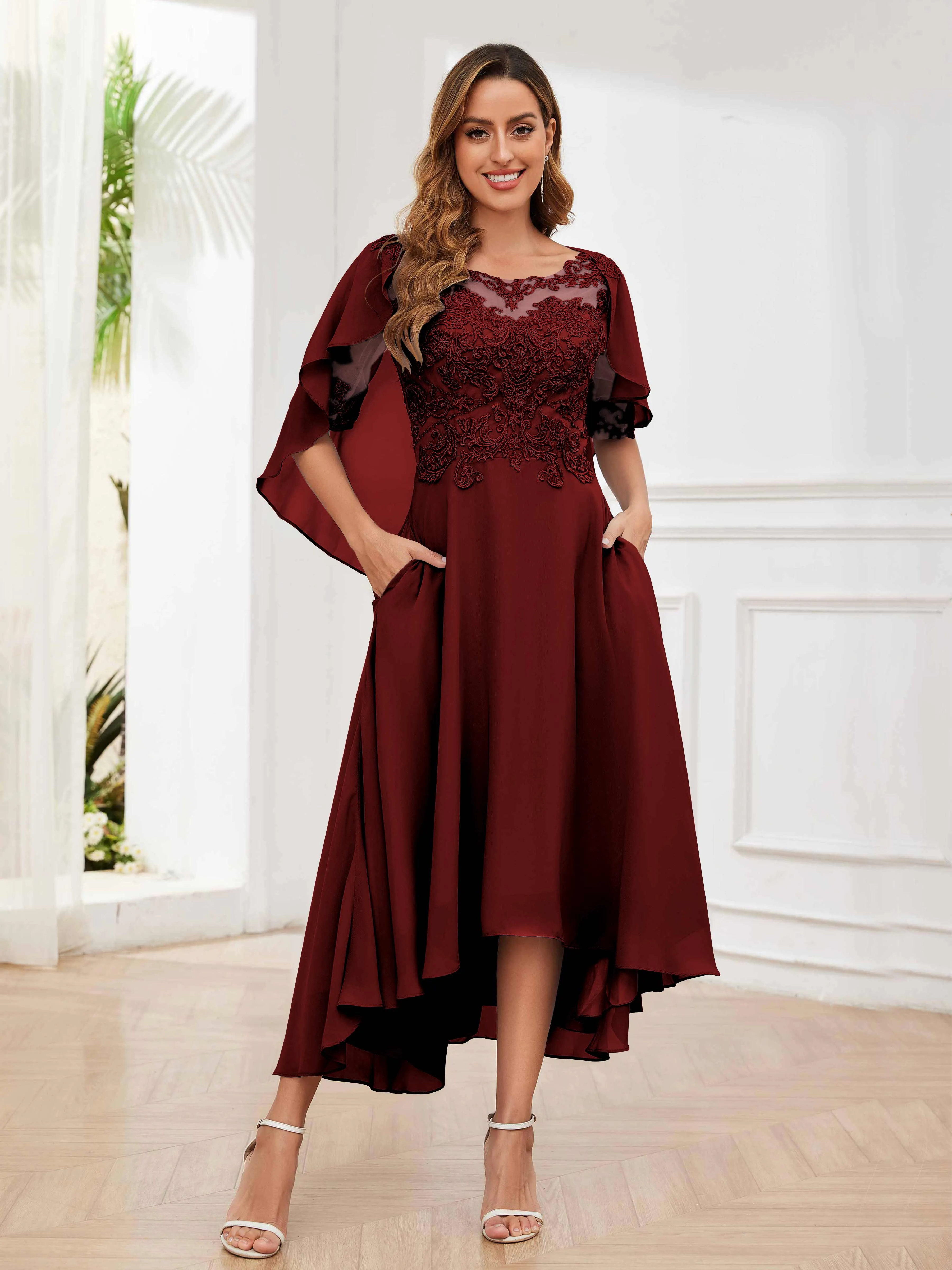 Jaliyah Trendy Illusion Lace Chiffon High Low Mother of the Bride Dresses