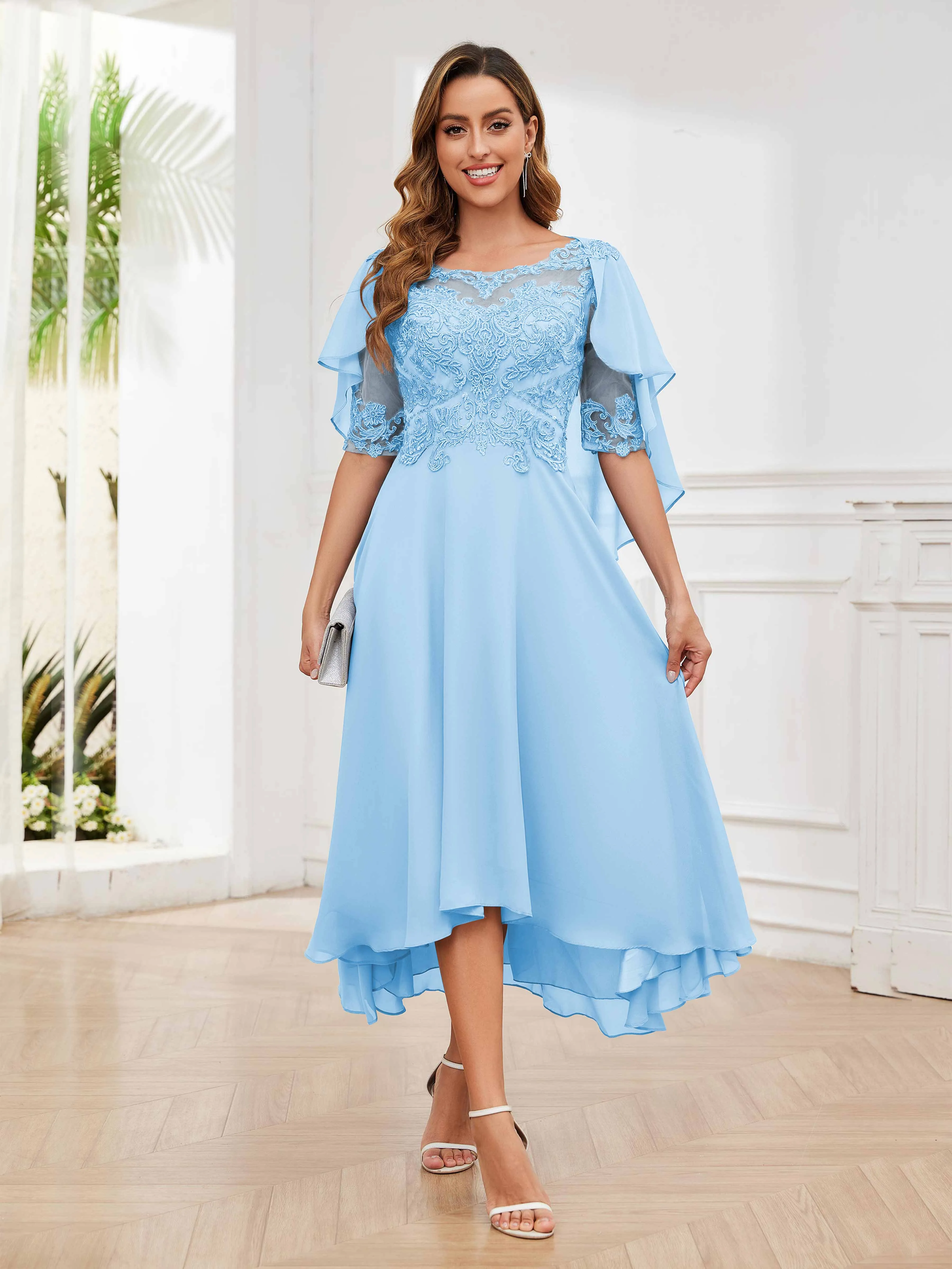 Jaliyah Trendy Illusion Lace Chiffon High Low Mother of the Bride Dresses