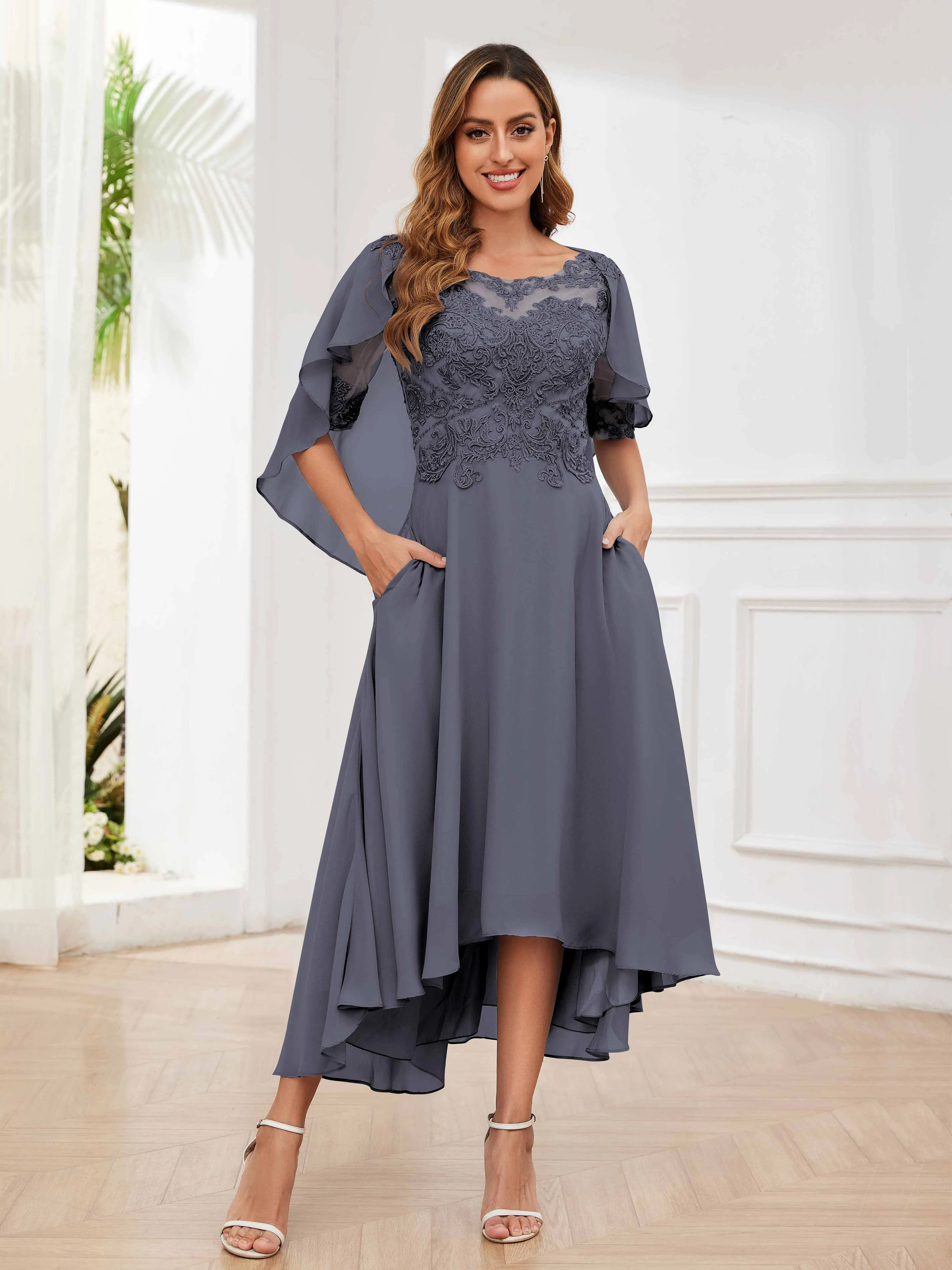 Jaliyah Trendy Illusion Lace Chiffon High Low Mother of the Bride Dresses