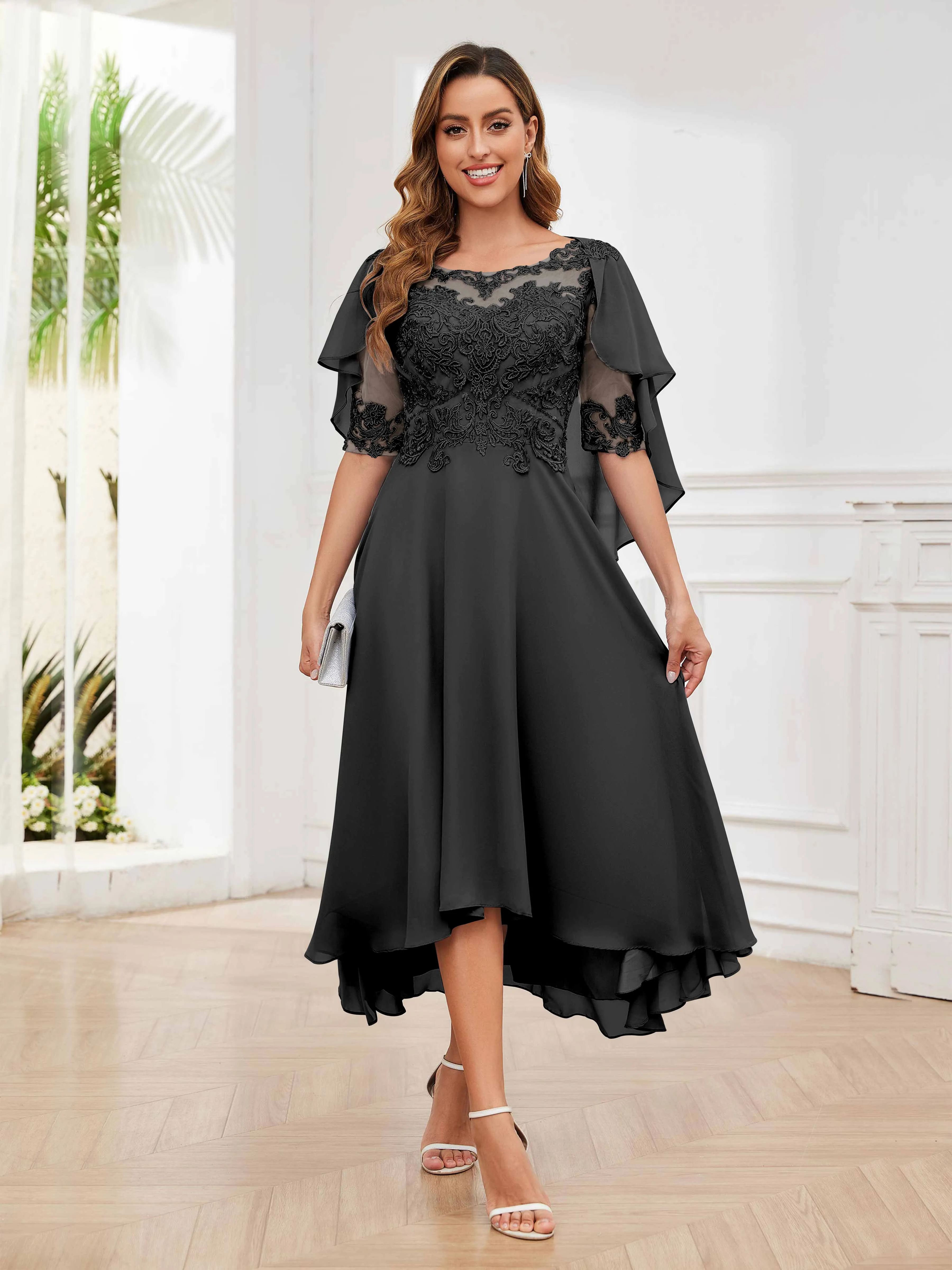 Jaliyah Trendy Illusion Lace Chiffon High Low Mother of the Bride Dresses