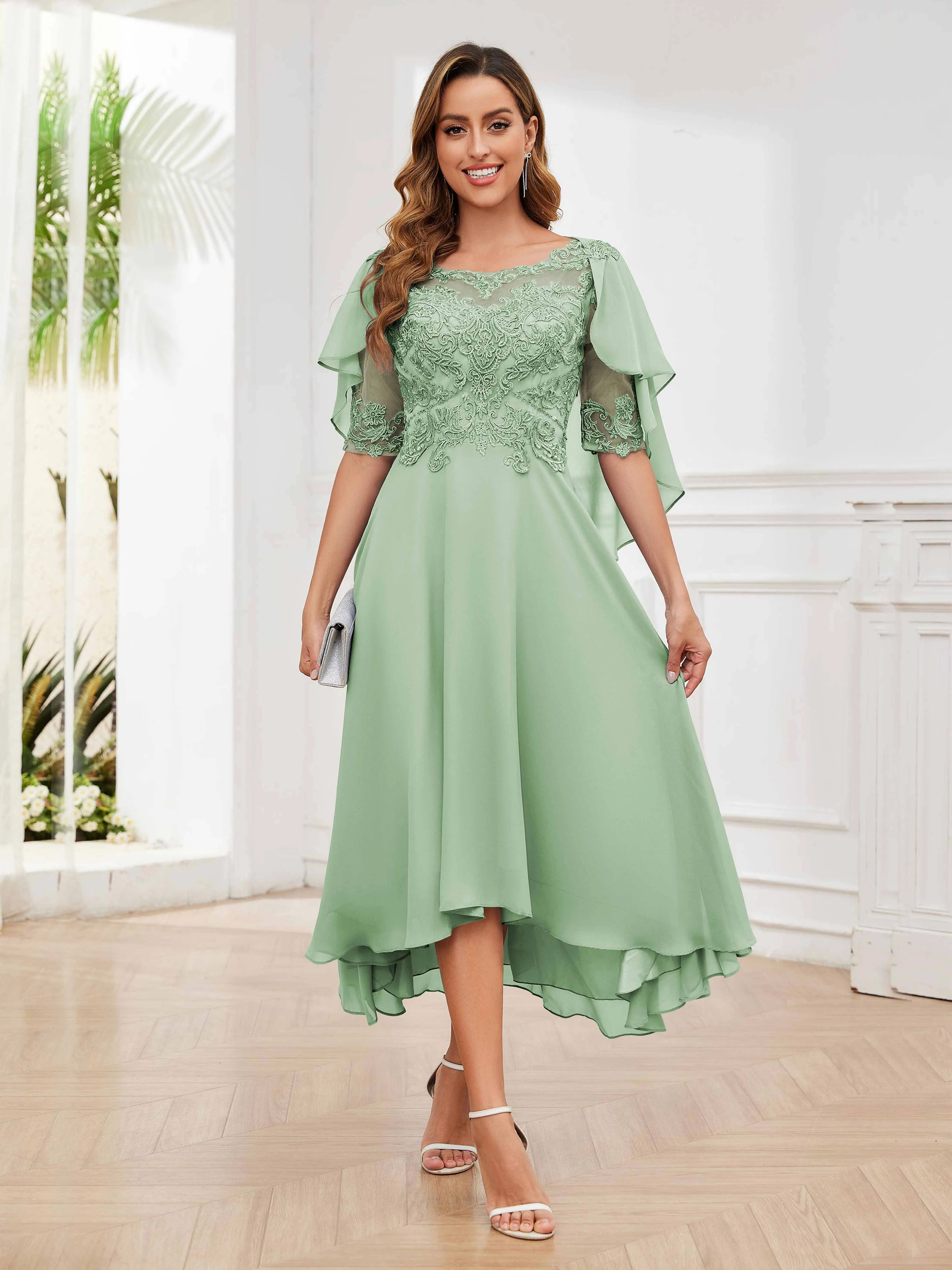 Jaliyah Trendy Illusion Lace Chiffon High Low Mother of the Bride Dresses