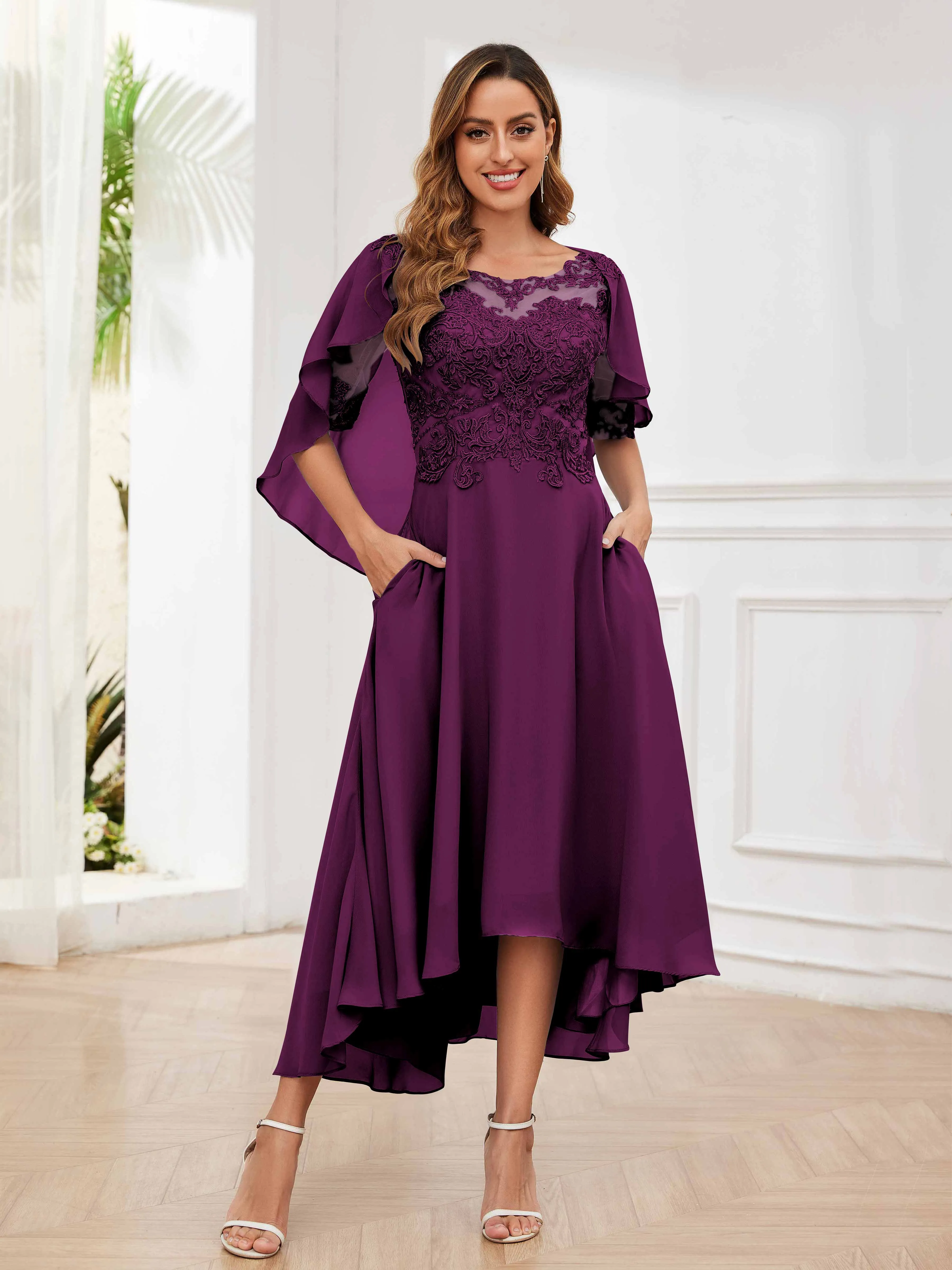 Jaliyah Trendy Illusion Lace Chiffon High Low Mother of the Bride Dresses