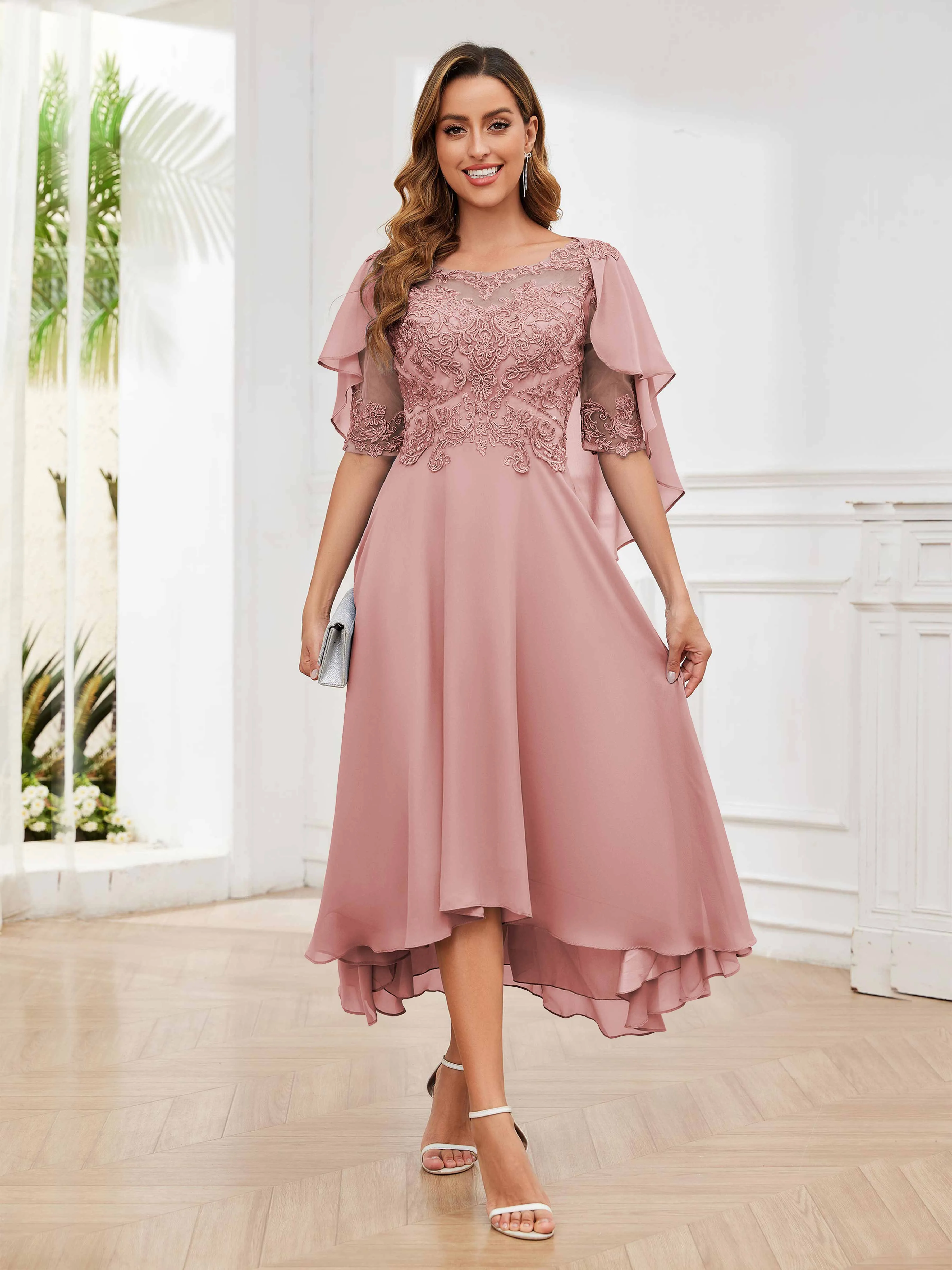 Jaliyah Trendy Illusion Lace Chiffon High Low Mother of the Bride Dresses