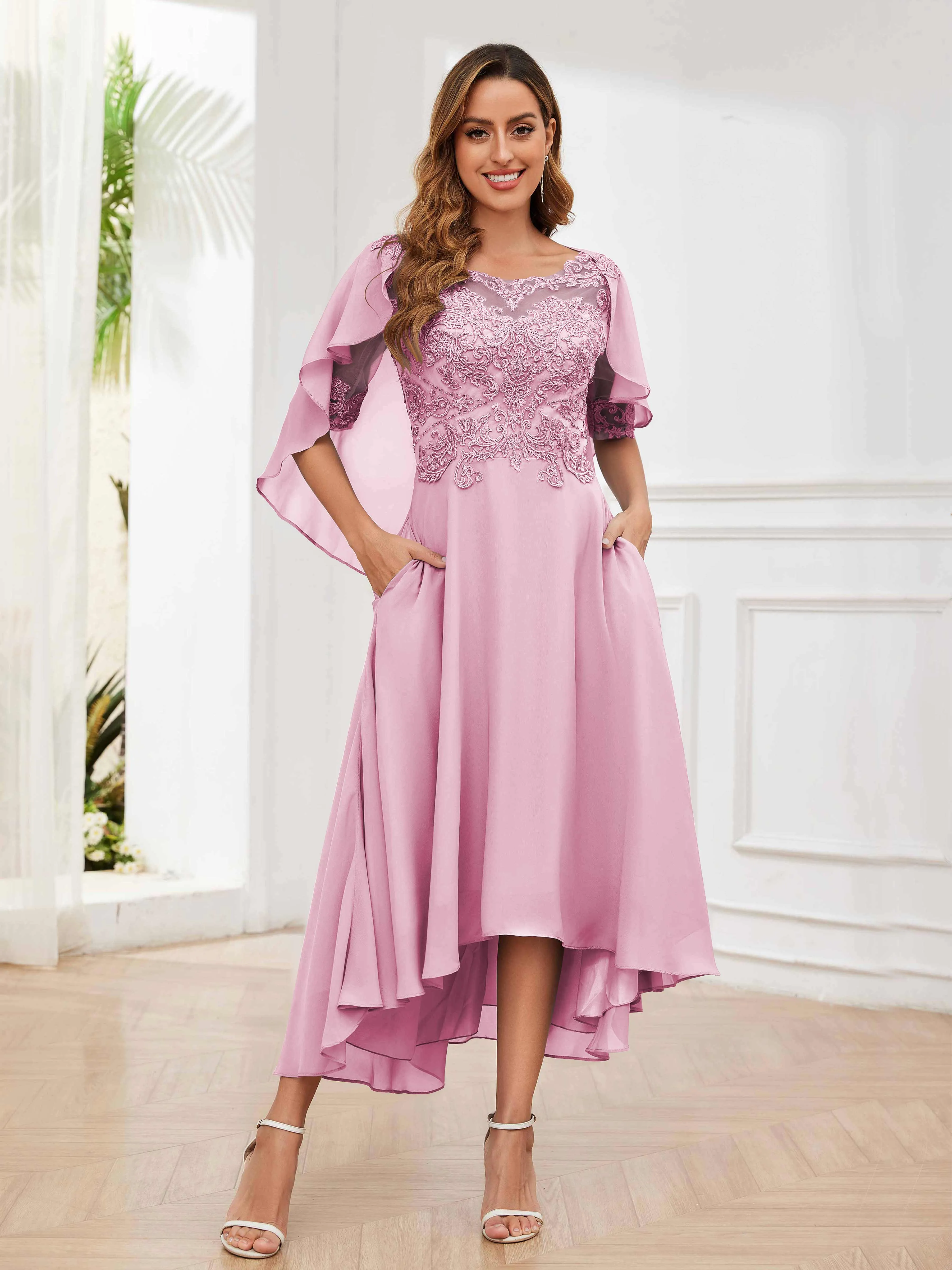 Jaliyah Trendy Illusion Lace Chiffon High Low Mother of the Bride Dresses