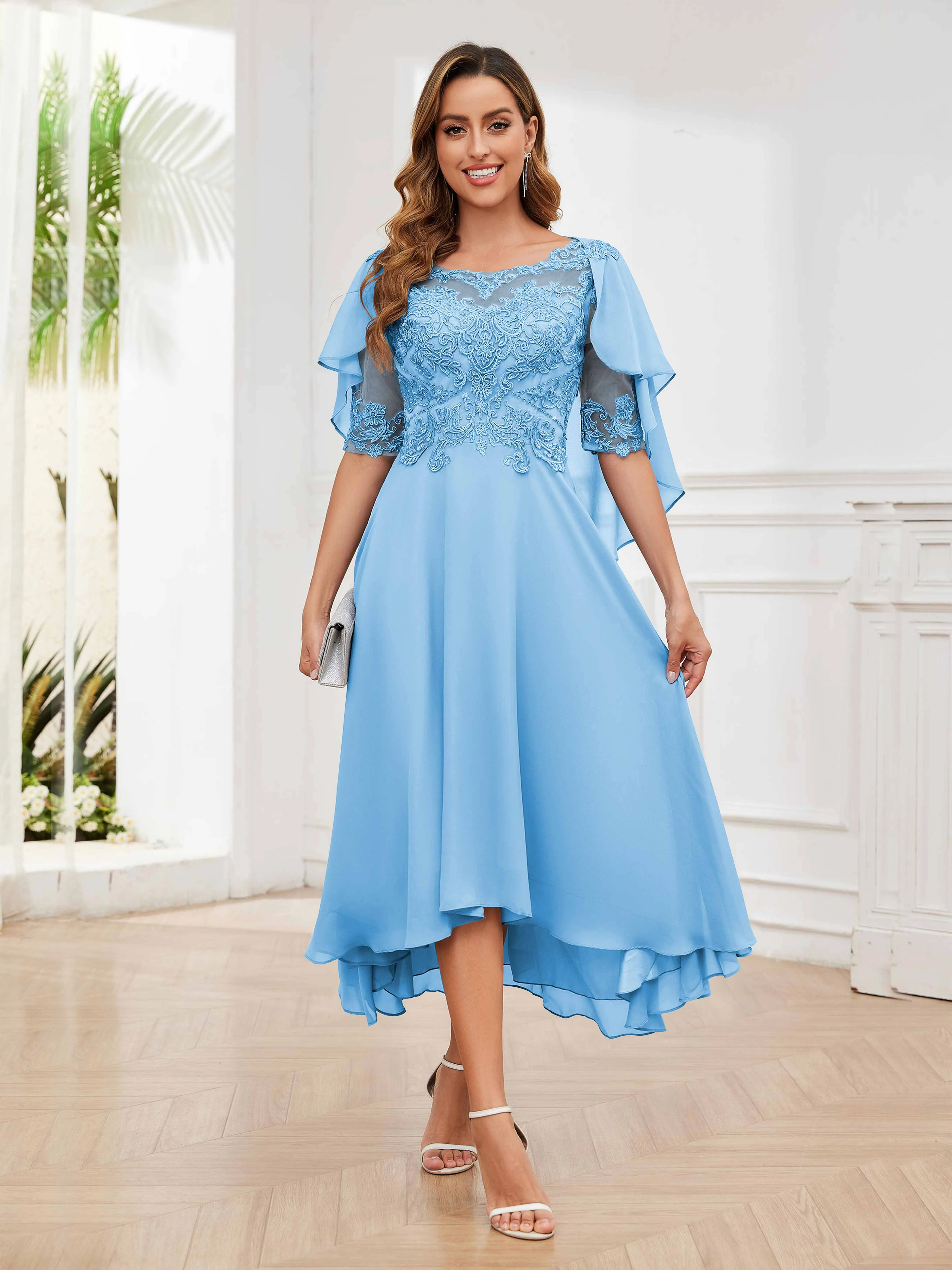 Jaliyah Trendy Illusion Lace Chiffon High Low Mother of the Bride Dresses