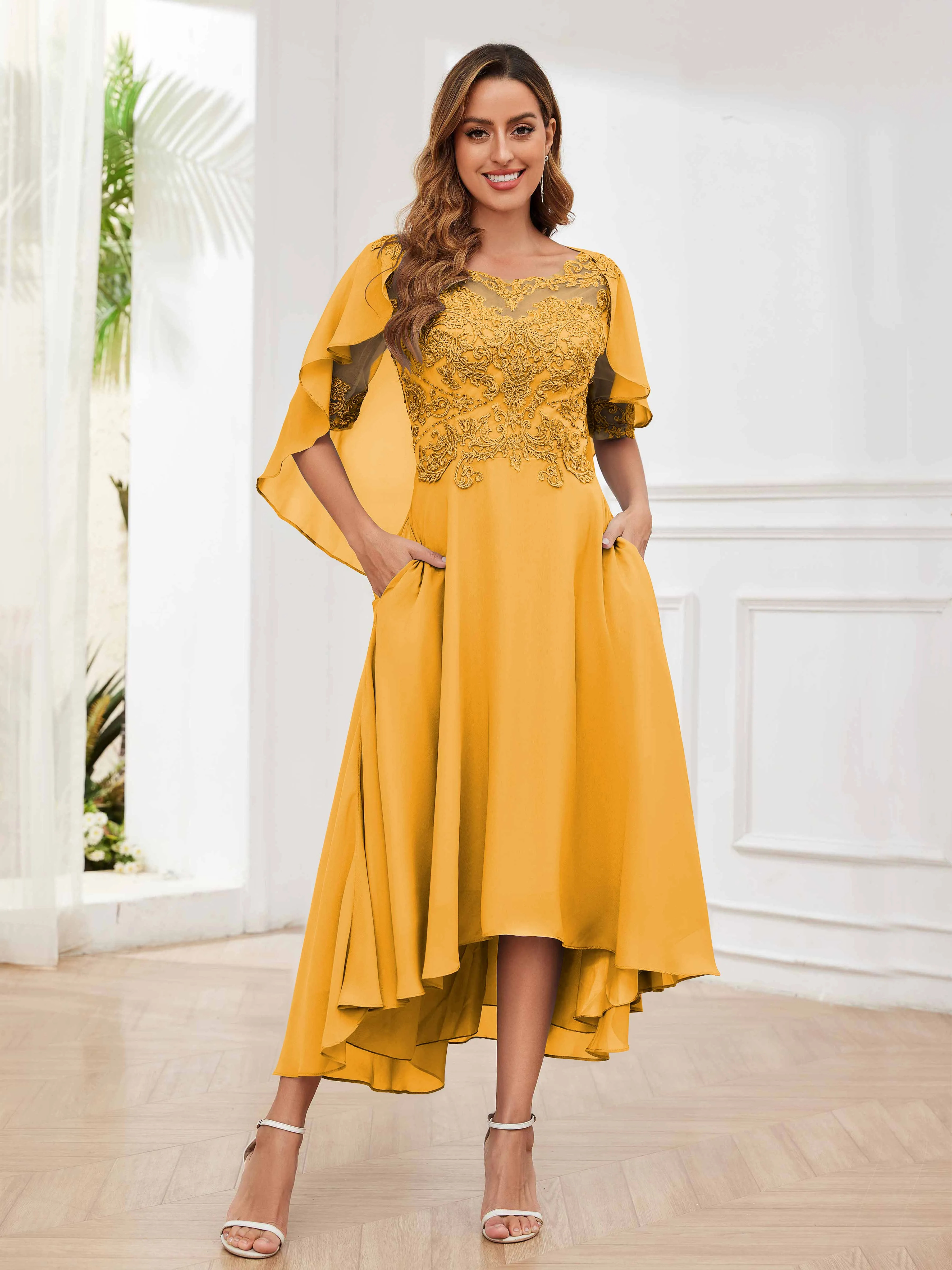 Jaliyah Trendy Illusion Lace Chiffon High Low Mother of the Bride Dresses