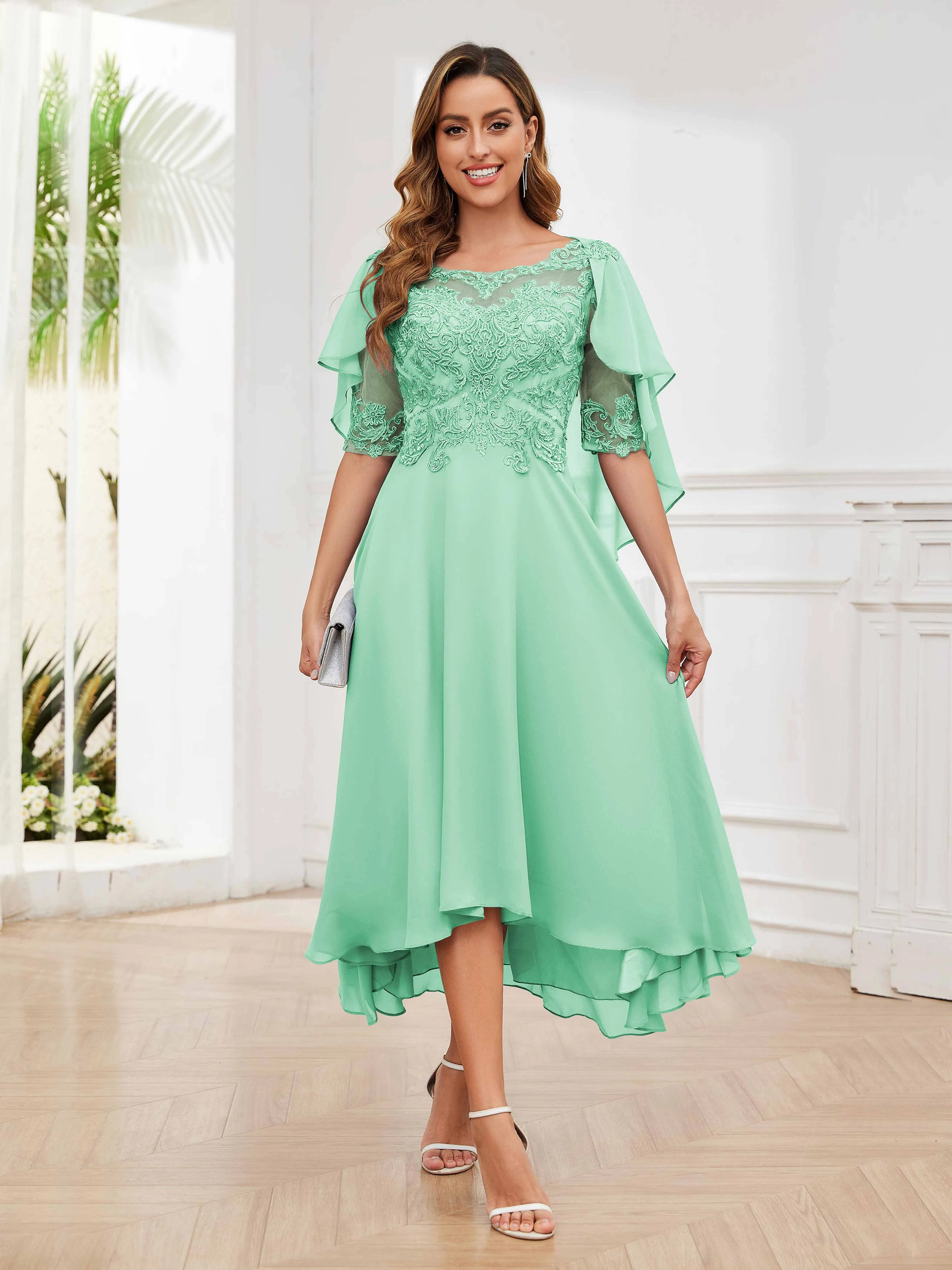 Jaliyah Trendy Illusion Lace Chiffon High Low Mother of the Bride Dresses