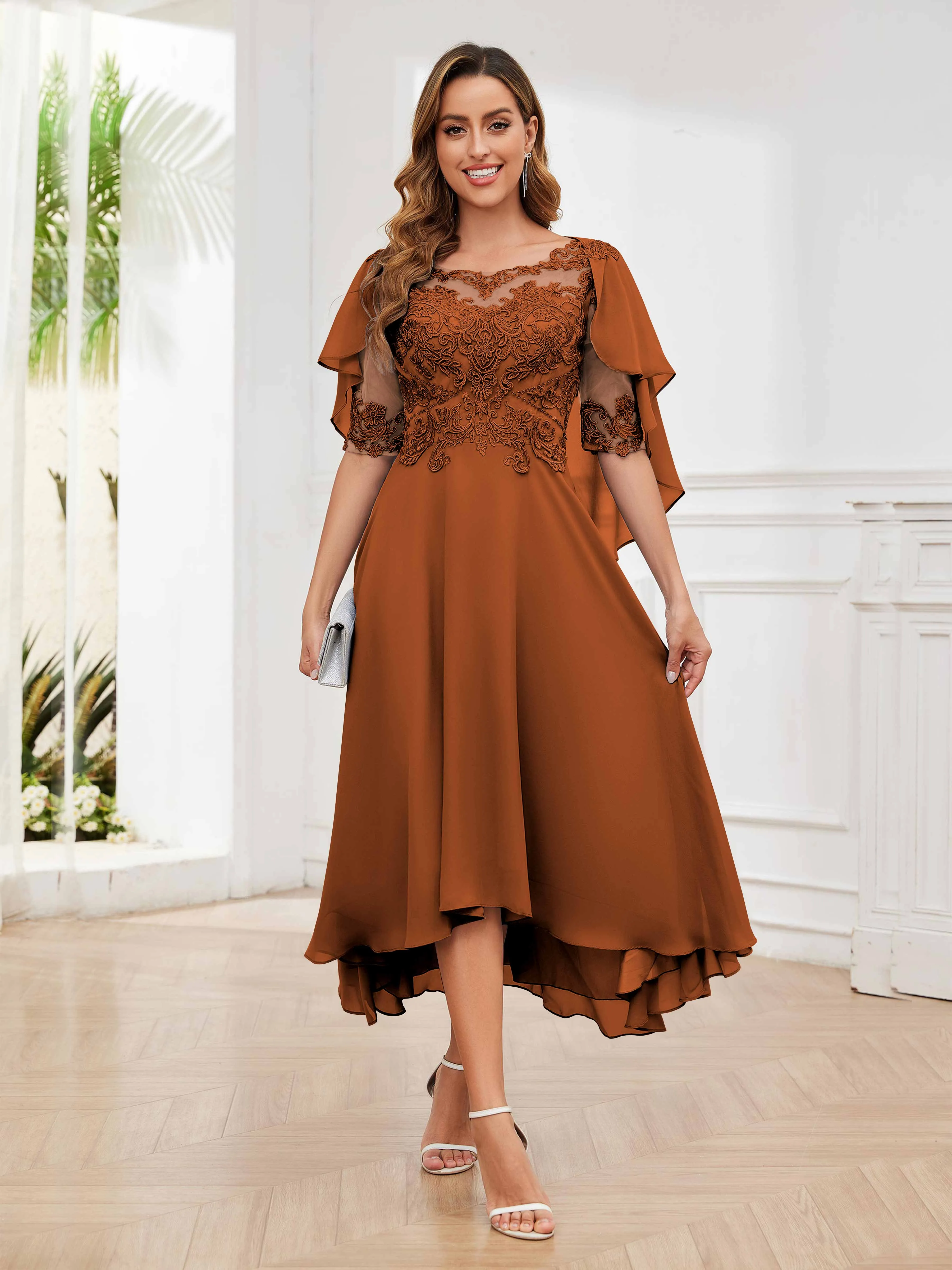 Jaliyah Trendy Illusion Lace Chiffon High Low Mother of the Bride Dresses