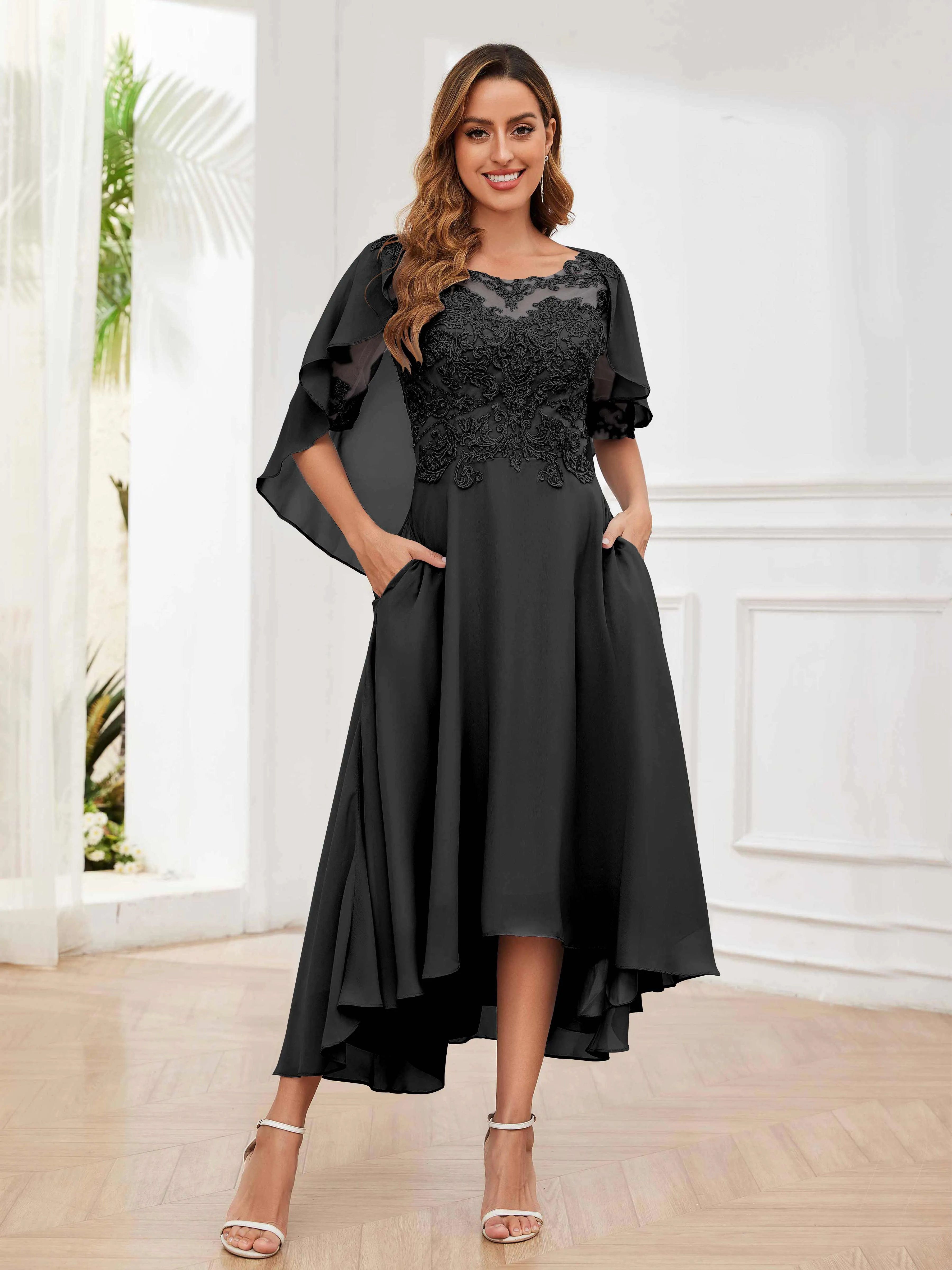 Jaliyah Trendy Illusion Lace Chiffon High Low Mother of the Bride Dresses