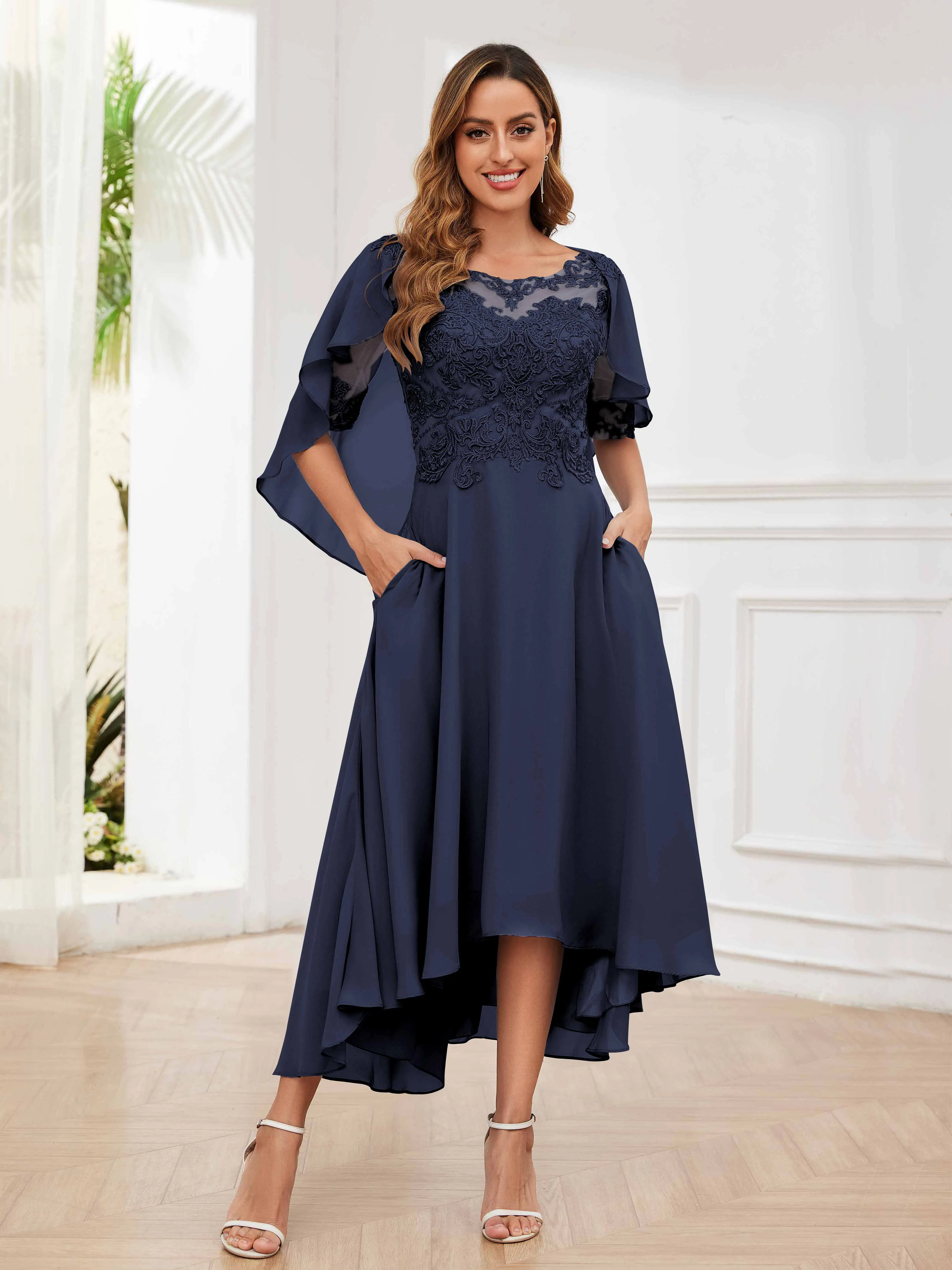 Jaliyah Trendy Illusion Lace Chiffon High Low Mother of the Bride Dresses