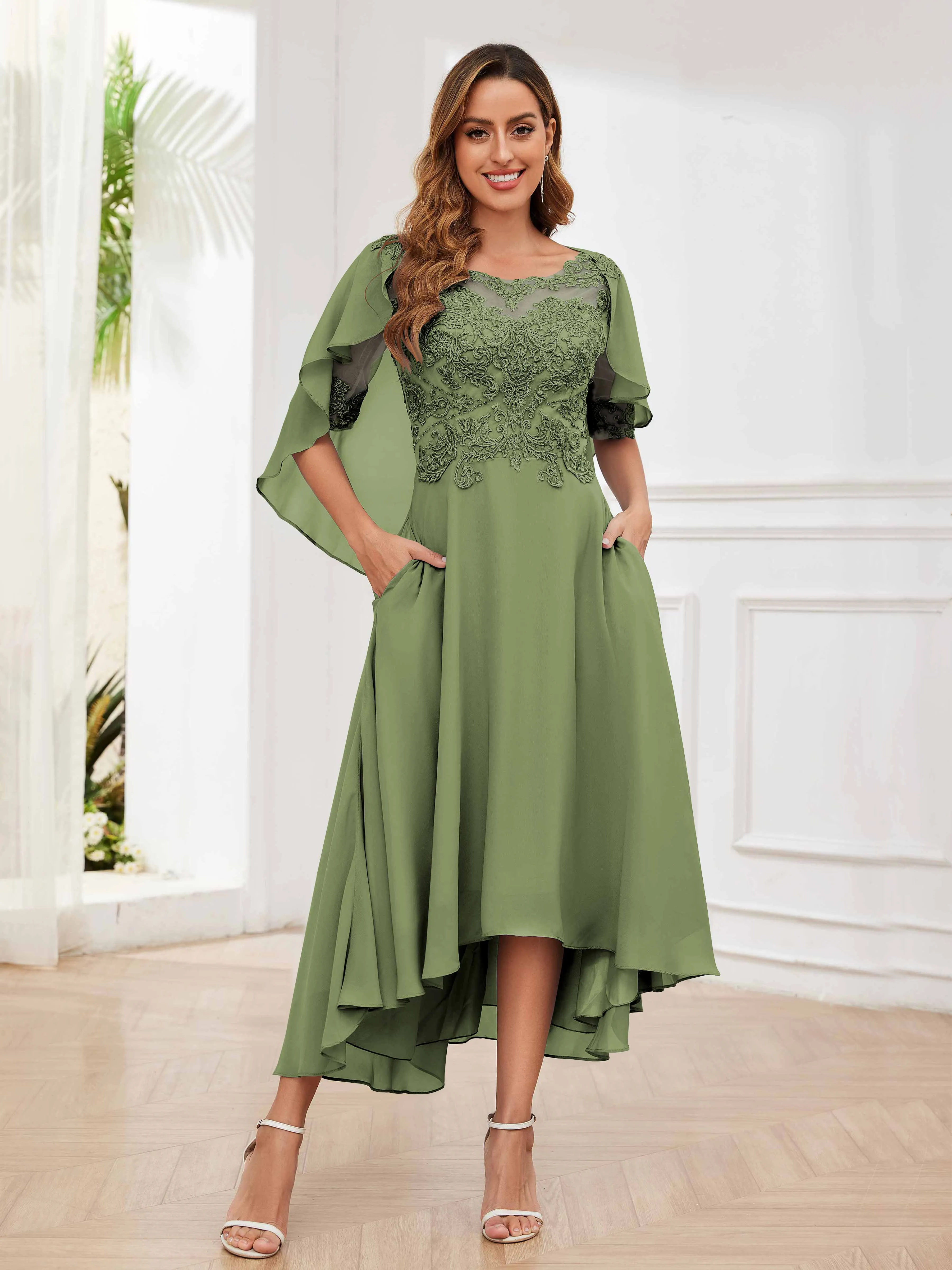 Jaliyah Trendy Illusion Lace Chiffon High Low Mother of the Bride Dresses