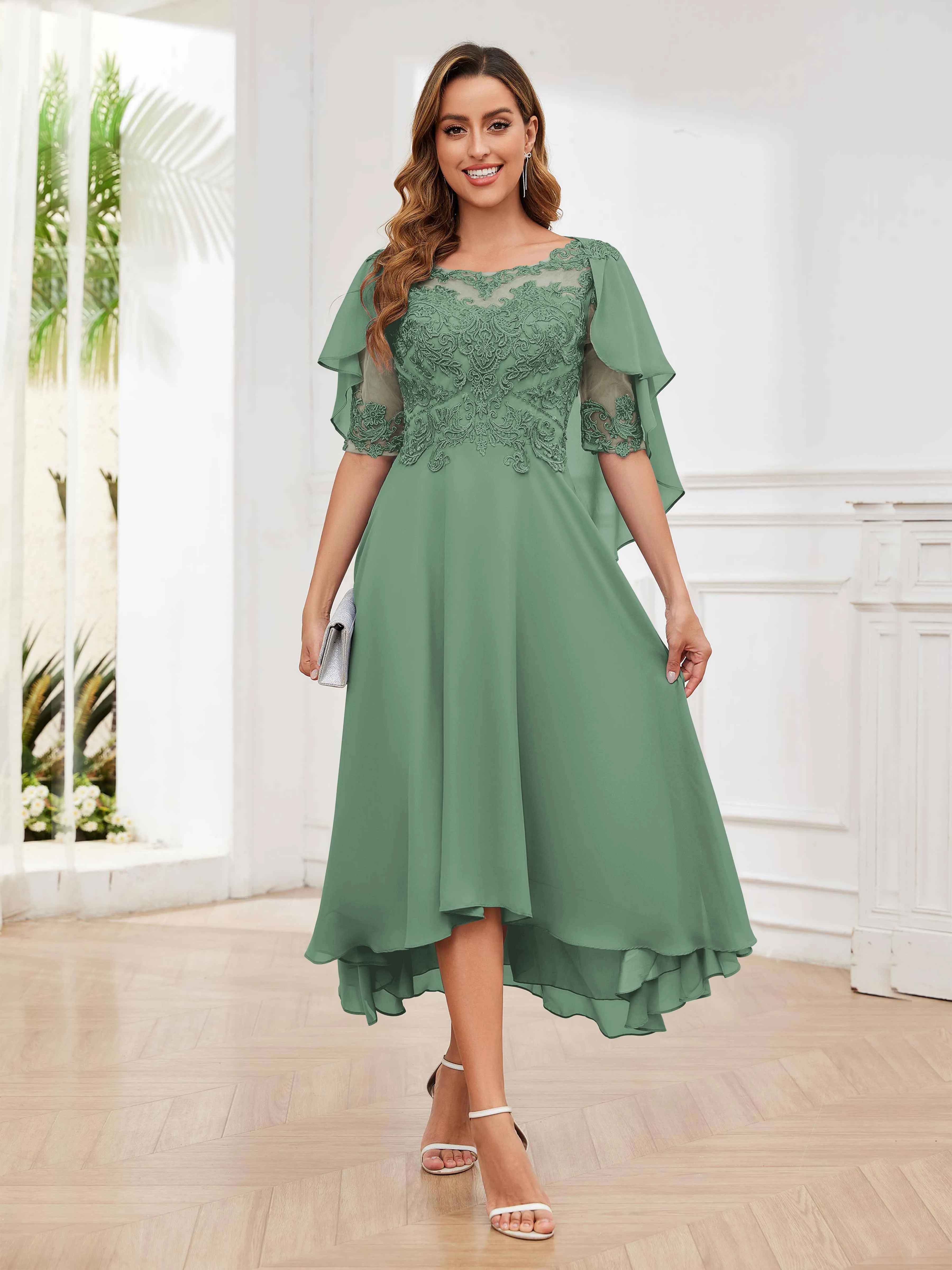 Jaliyah Trendy Illusion Lace Chiffon High Low Mother of the Bride Dresses