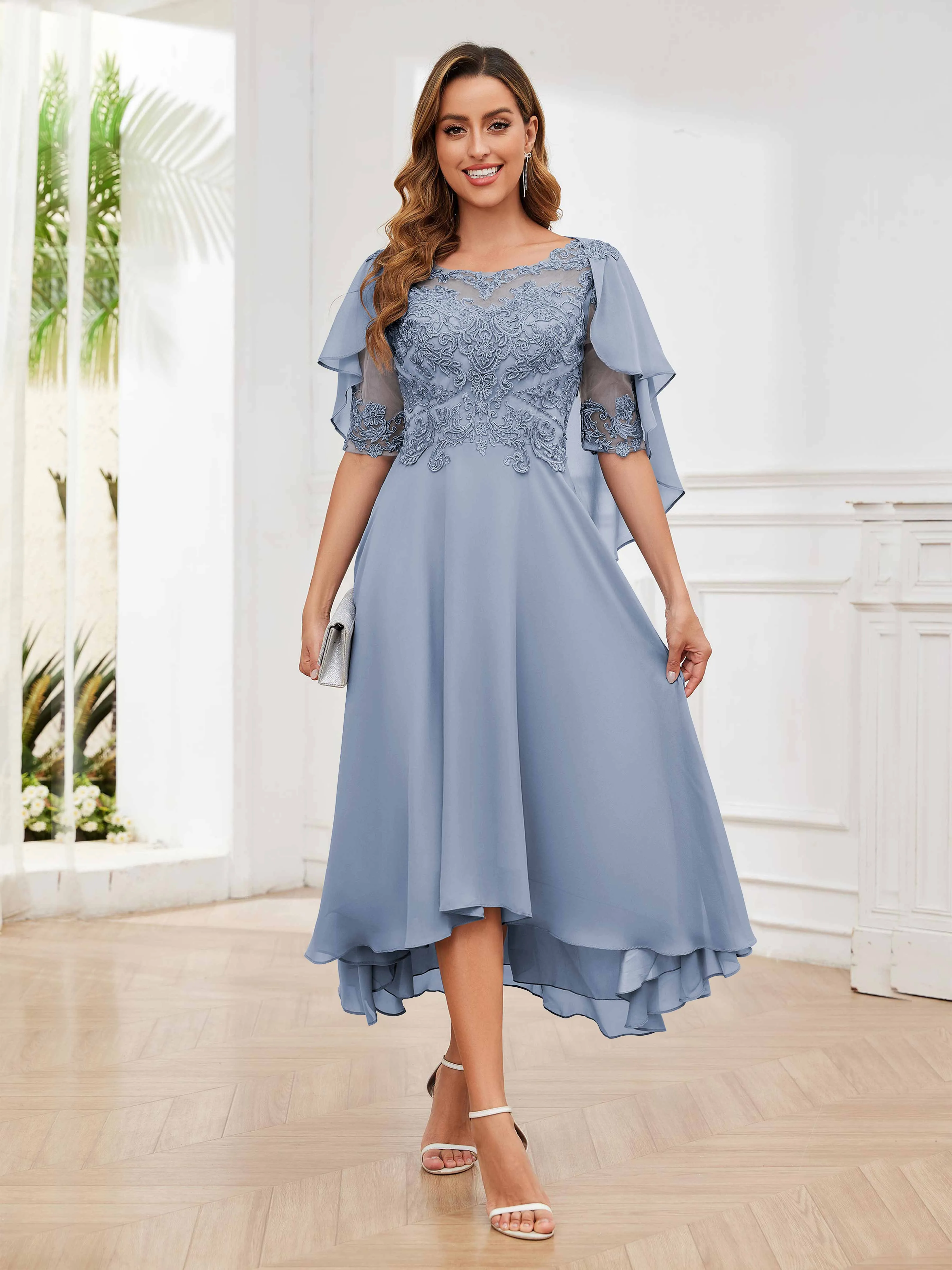 Jaliyah Trendy Illusion Lace Chiffon High Low Mother of the Bride Dresses