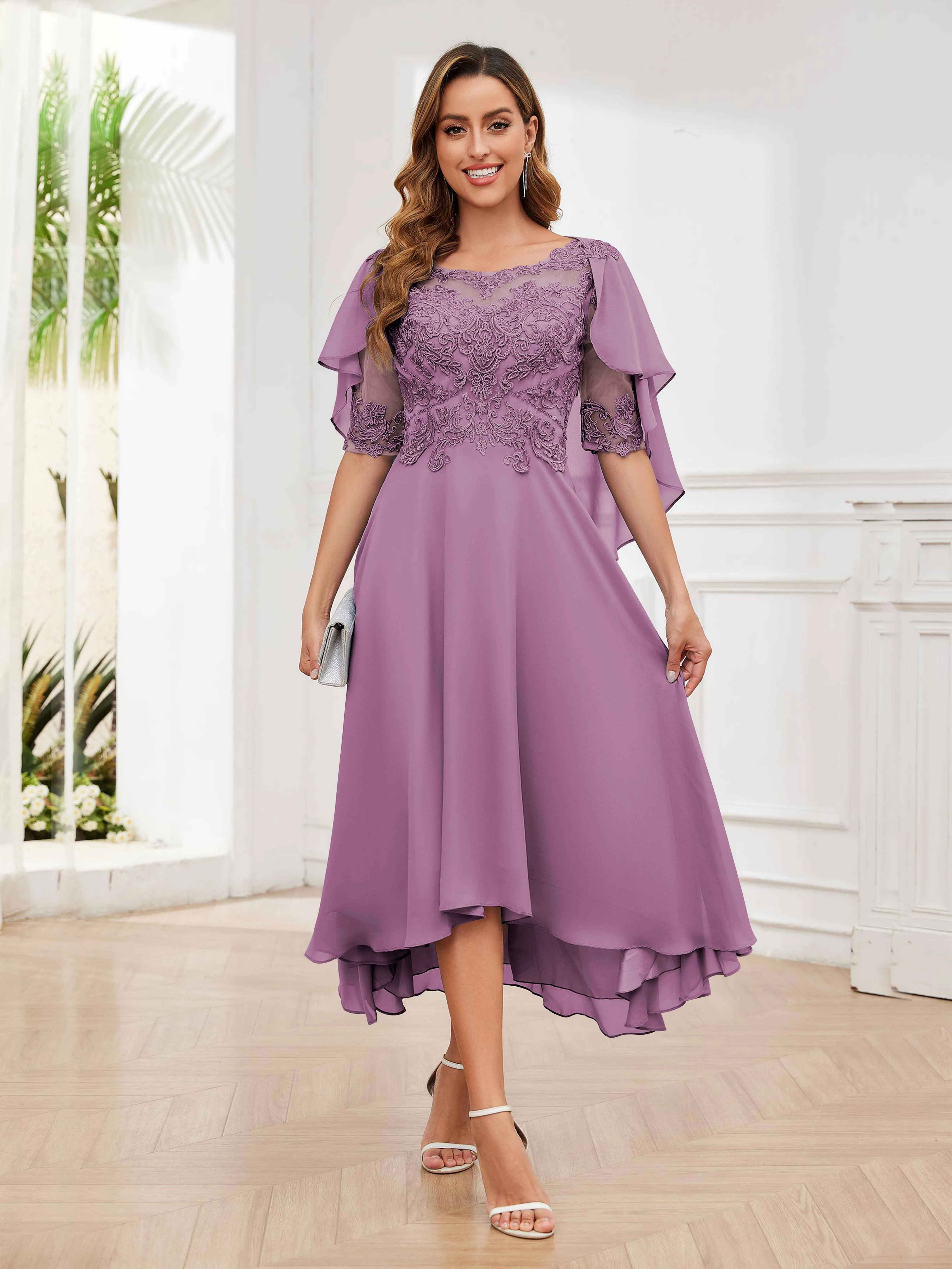 Jaliyah Trendy Illusion Lace Chiffon High Low Mother of the Bride Dresses