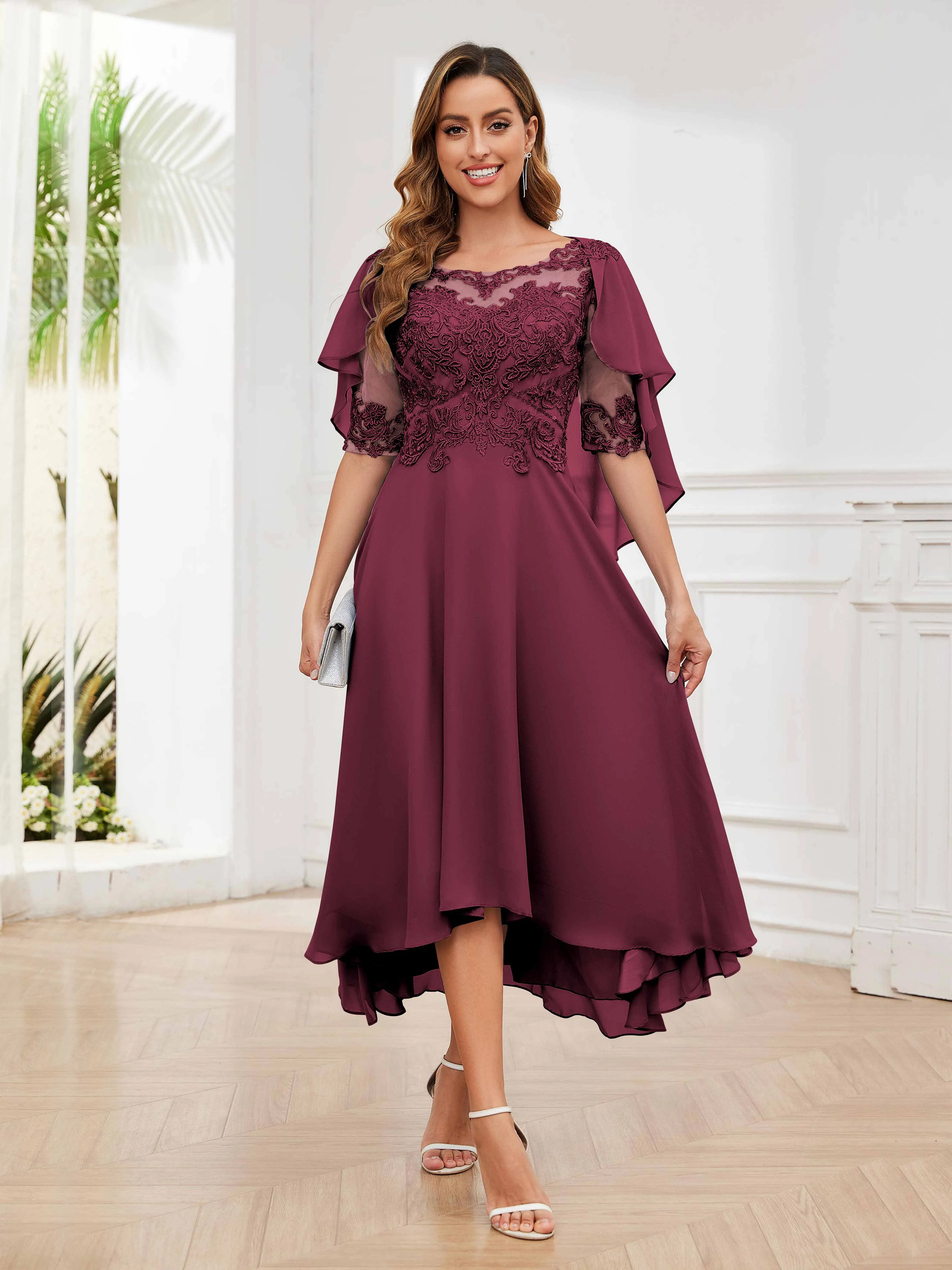 Jaliyah Trendy Illusion Lace Chiffon High Low Mother of the Bride Dresses