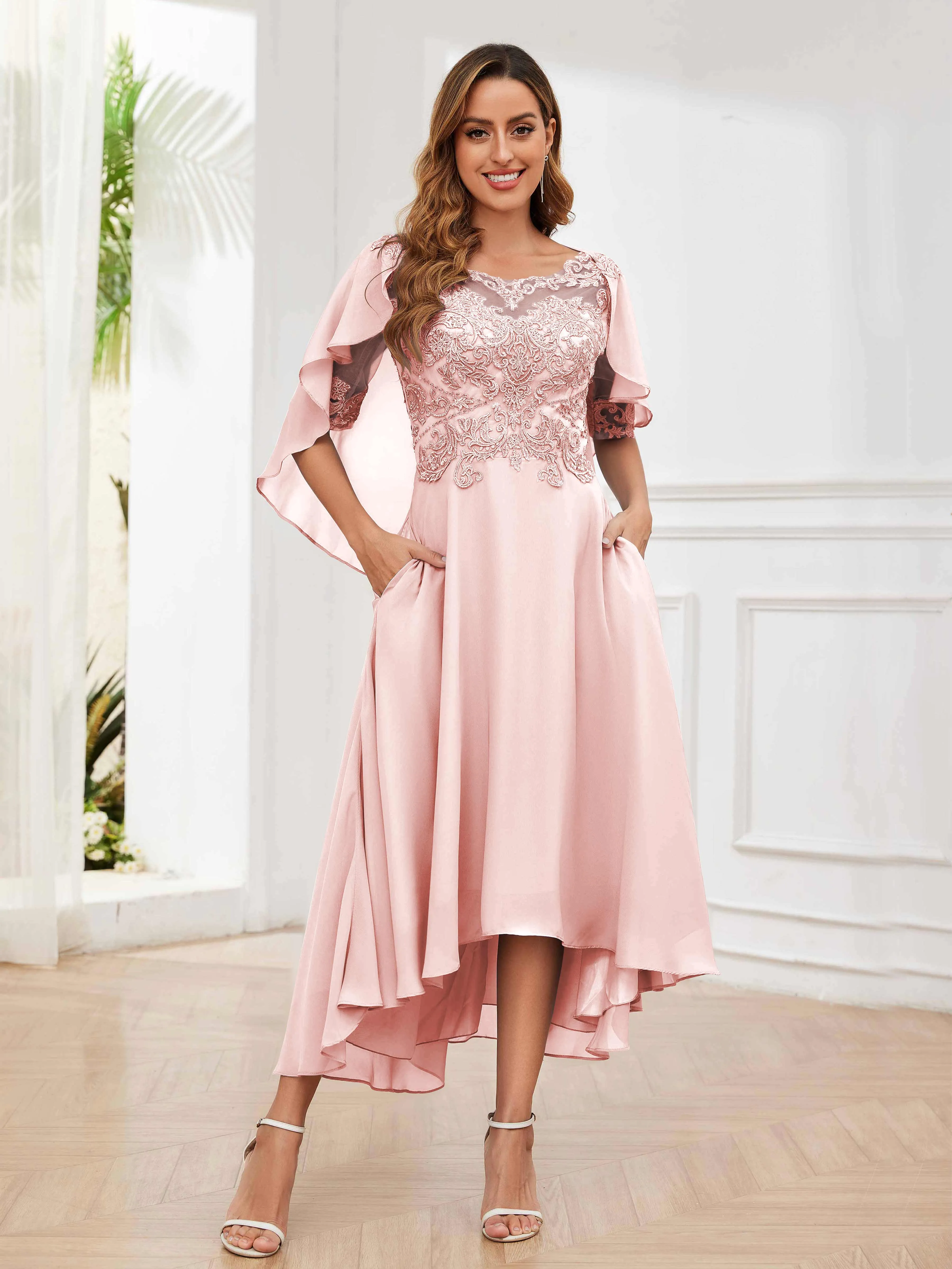 Jaliyah Trendy Illusion Lace Chiffon High Low Mother of the Bride Dresses
