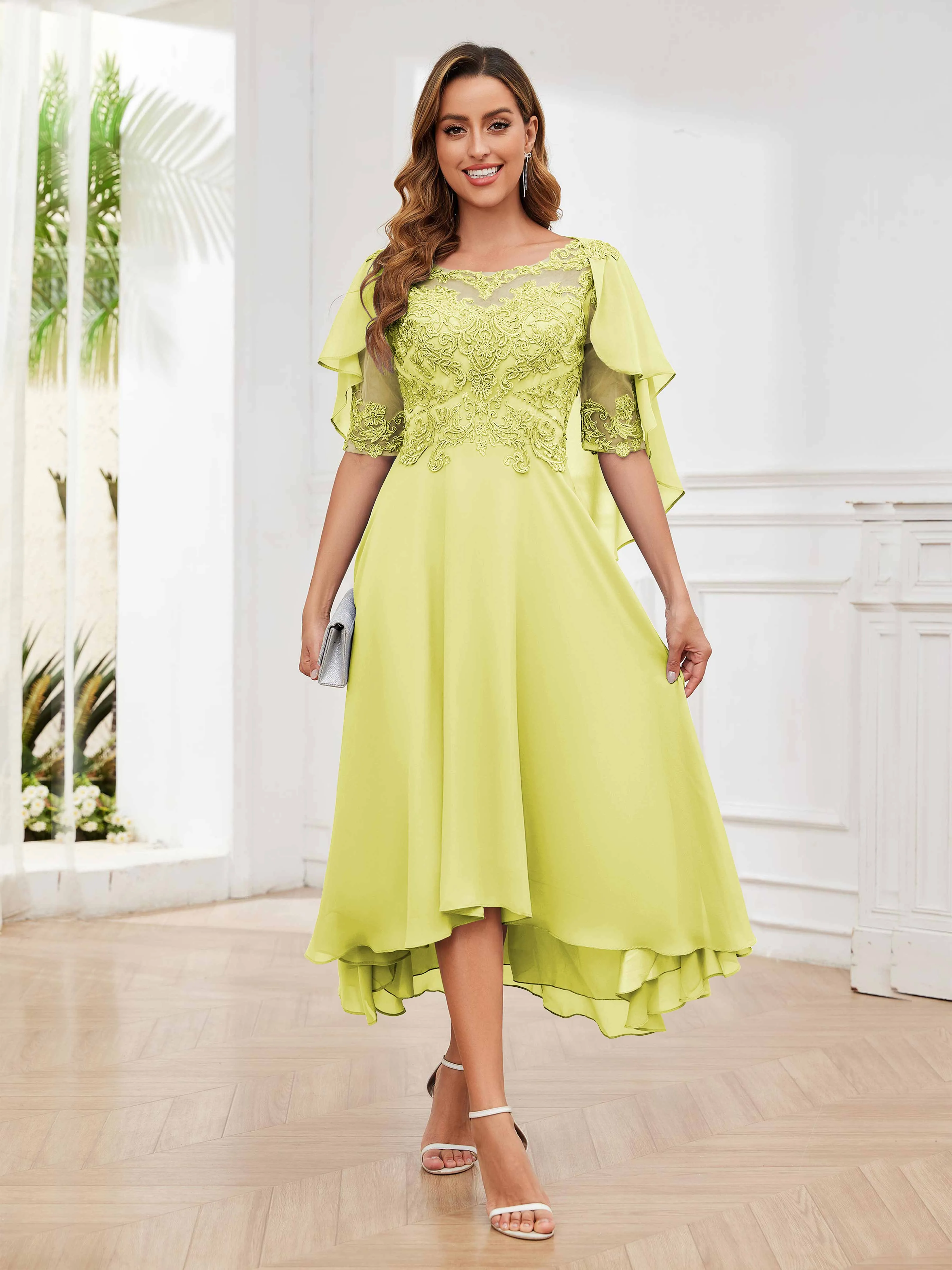 Jaliyah Trendy Illusion Lace Chiffon High Low Mother of the Bride Dresses