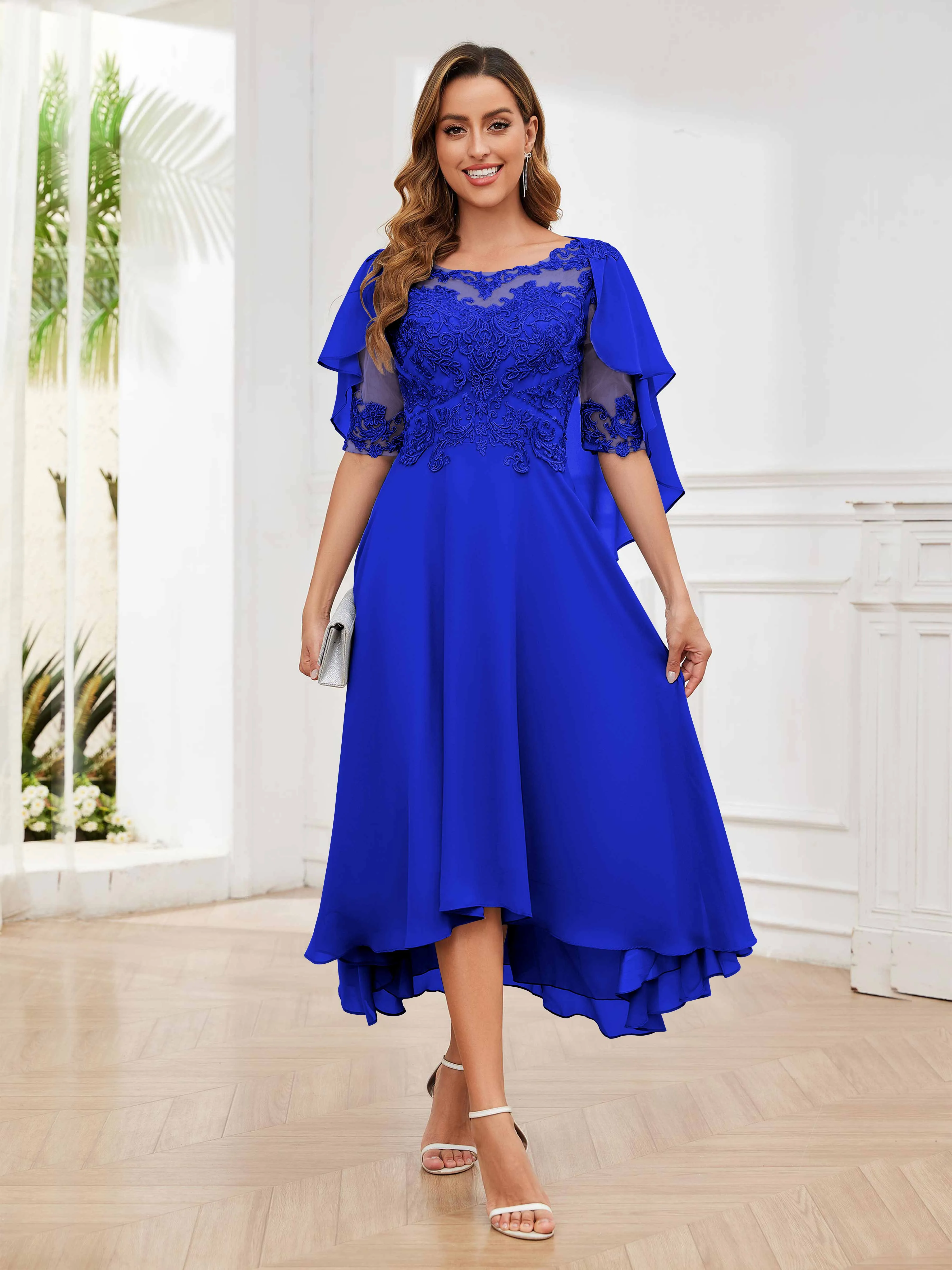 Jaliyah Trendy Illusion Lace Chiffon High Low Mother of the Bride Dresses