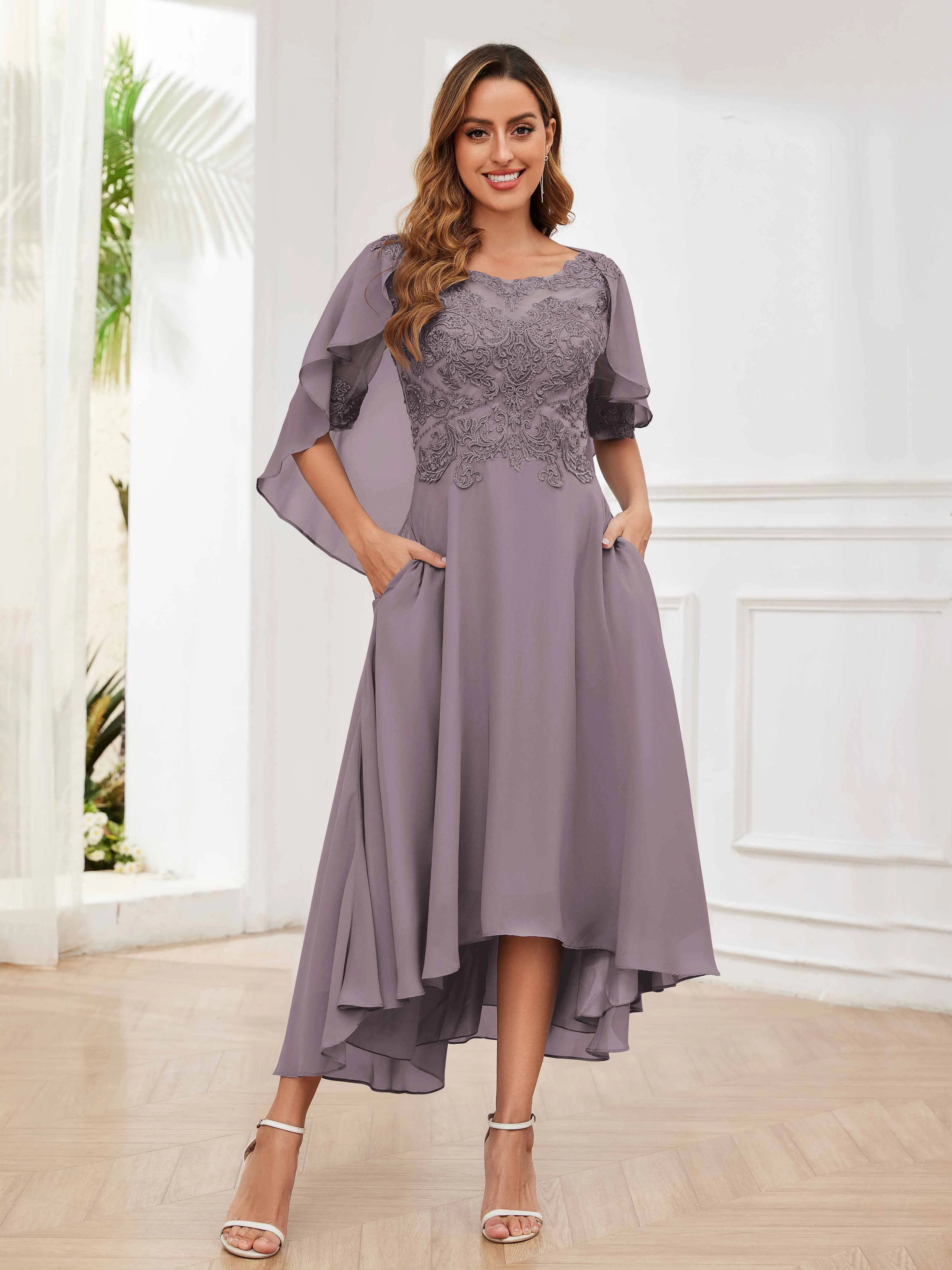 Jaliyah Trendy Illusion Lace Chiffon High Low Mother of the Bride Dresses