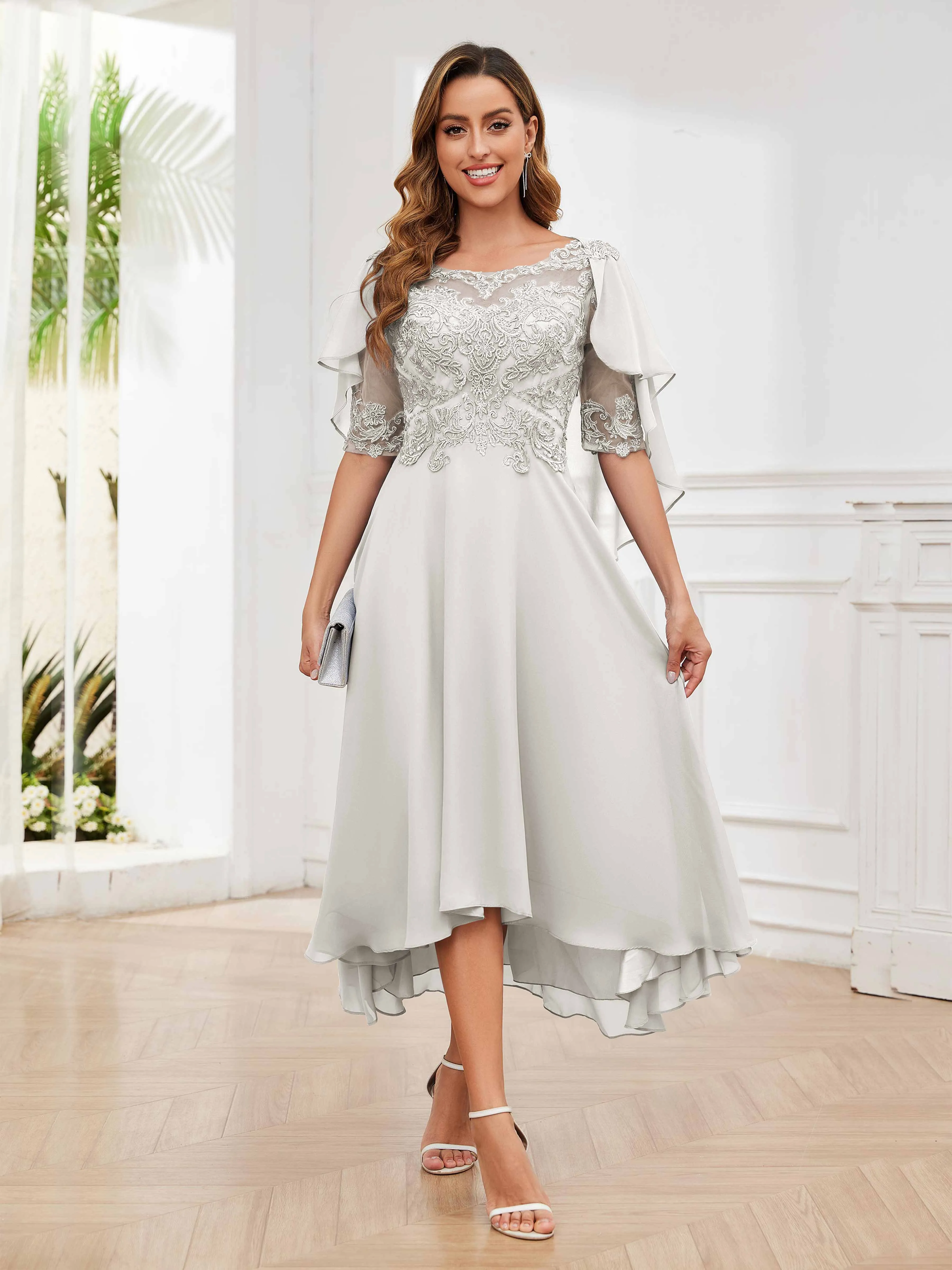 Jaliyah Trendy Illusion Lace Chiffon High Low Mother of the Bride Dresses