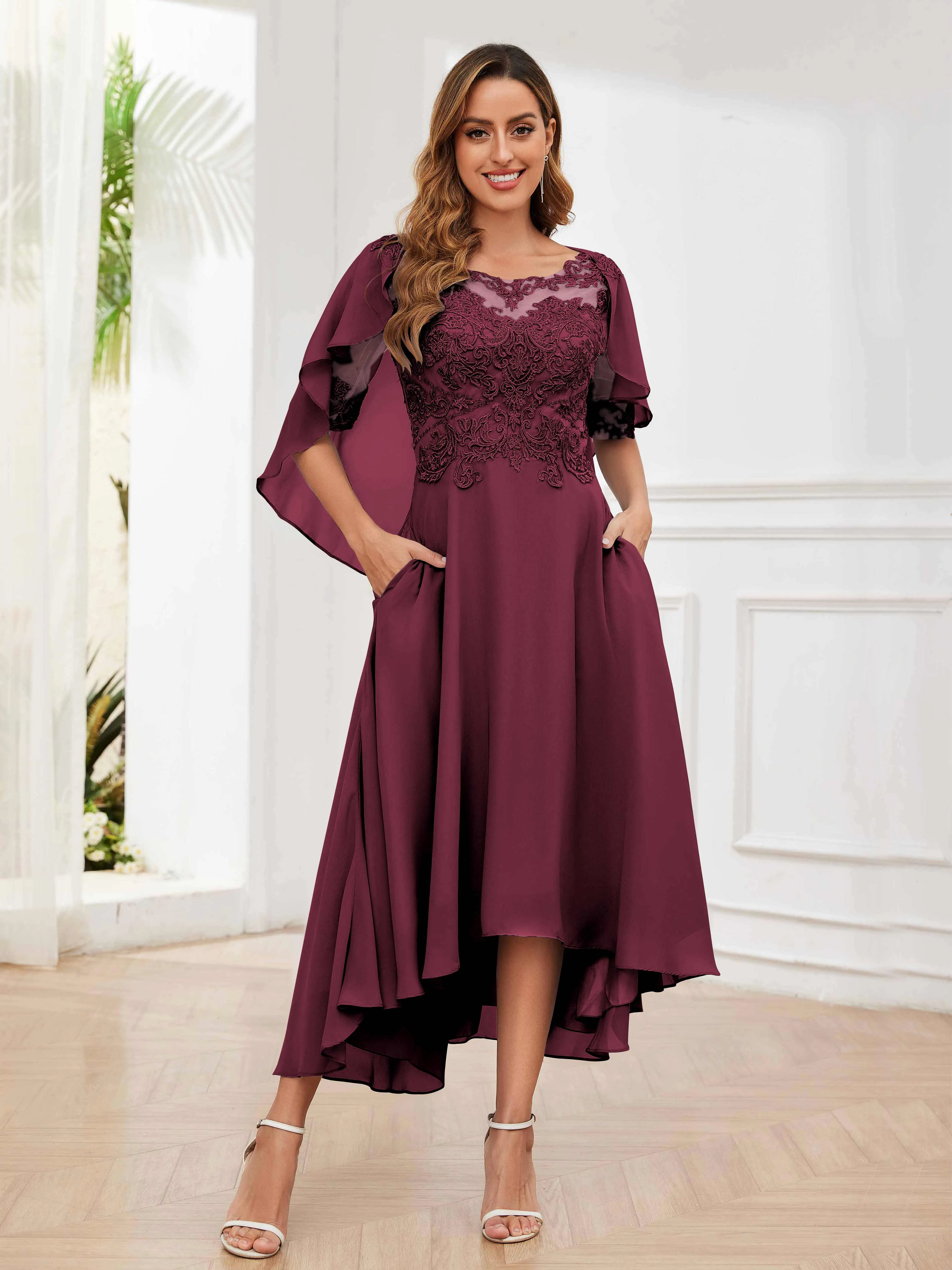 Jaliyah Trendy Illusion Lace Chiffon High Low Mother of the Bride Dresses
