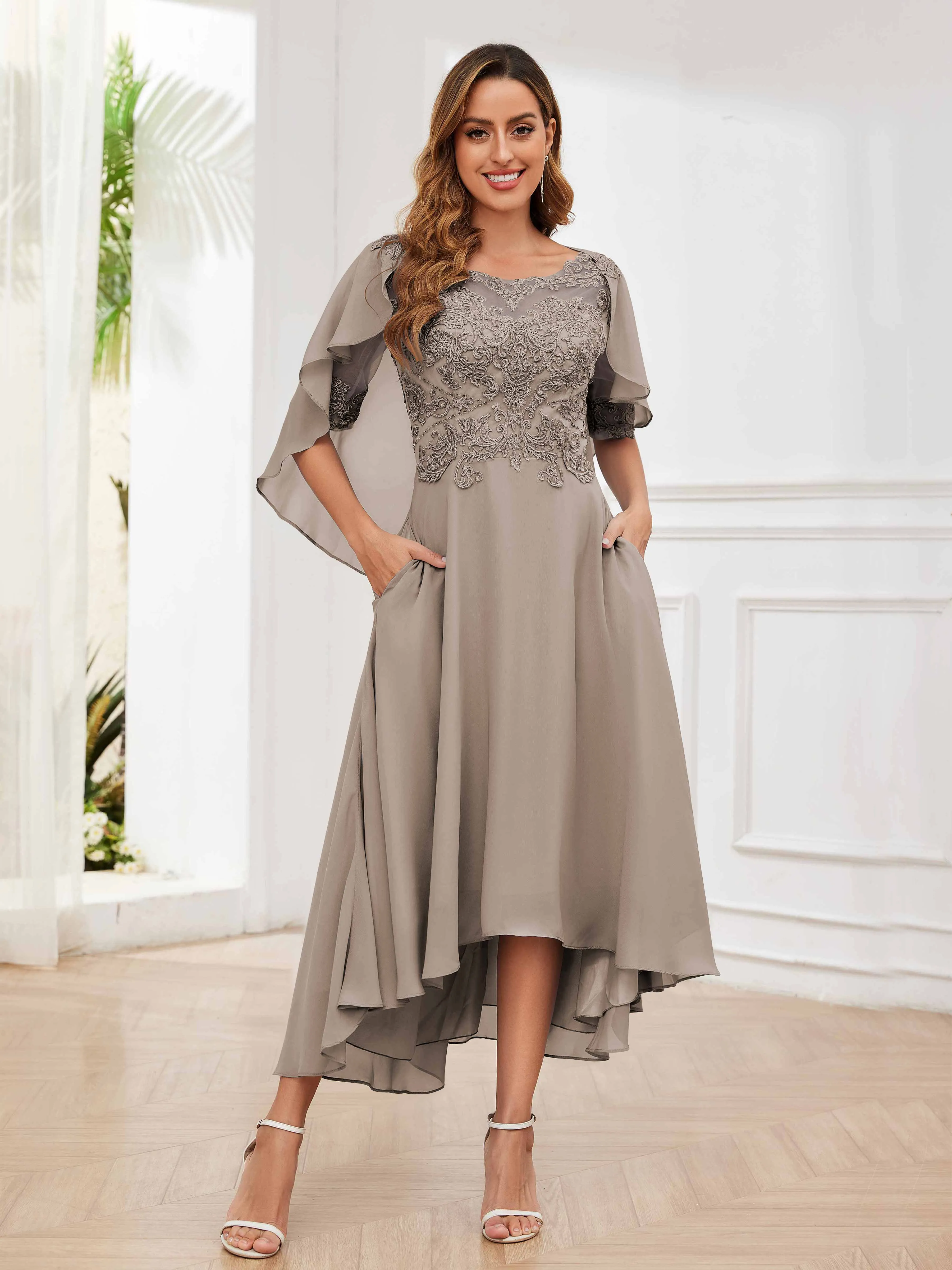 Jaliyah Trendy Illusion Lace Chiffon High Low Mother of the Bride Dresses