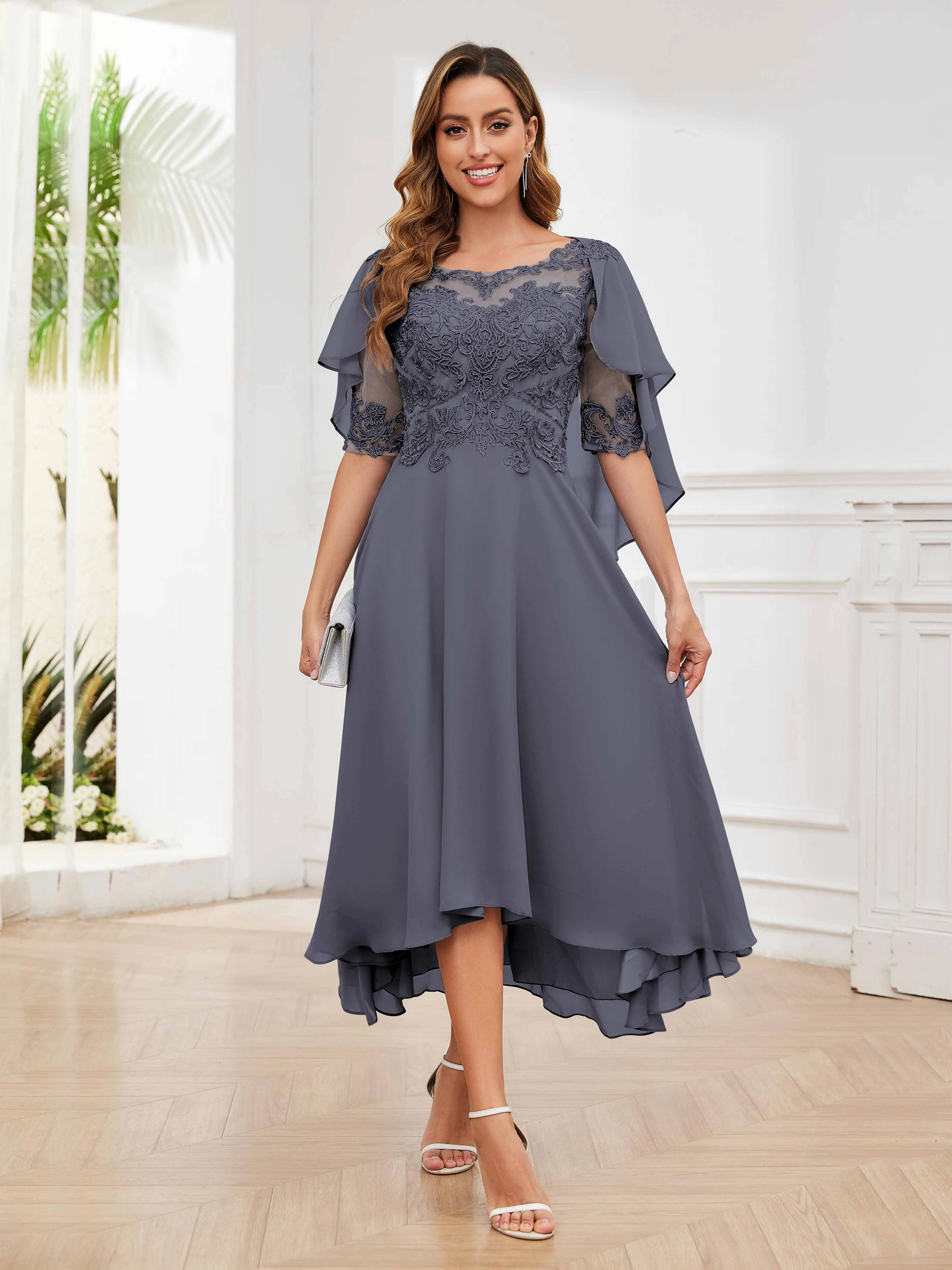 Jaliyah Trendy Illusion Lace Chiffon High Low Mother of the Bride Dresses