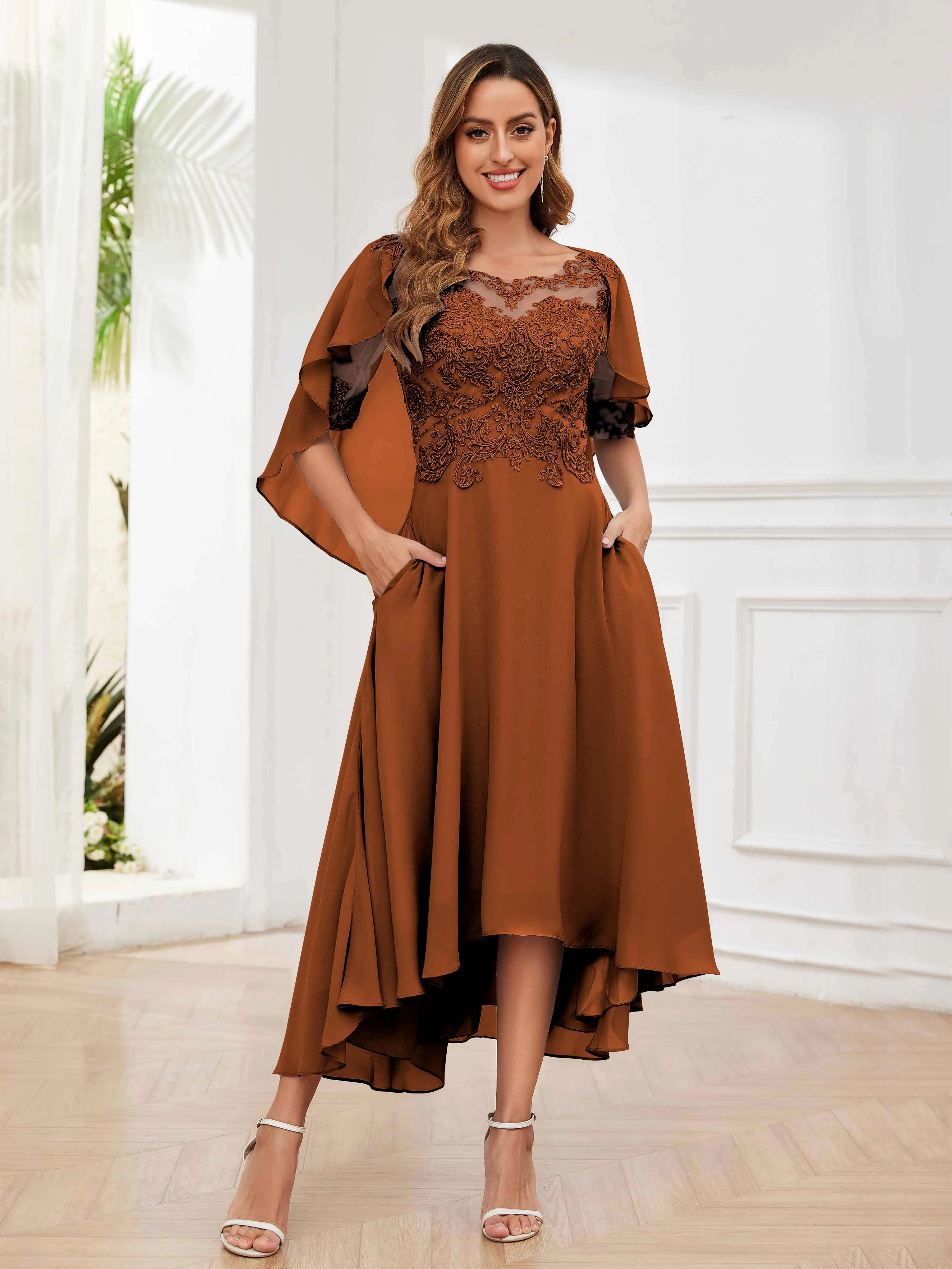 Jaliyah Trendy Illusion Lace Chiffon High Low Mother of the Bride Dresses
