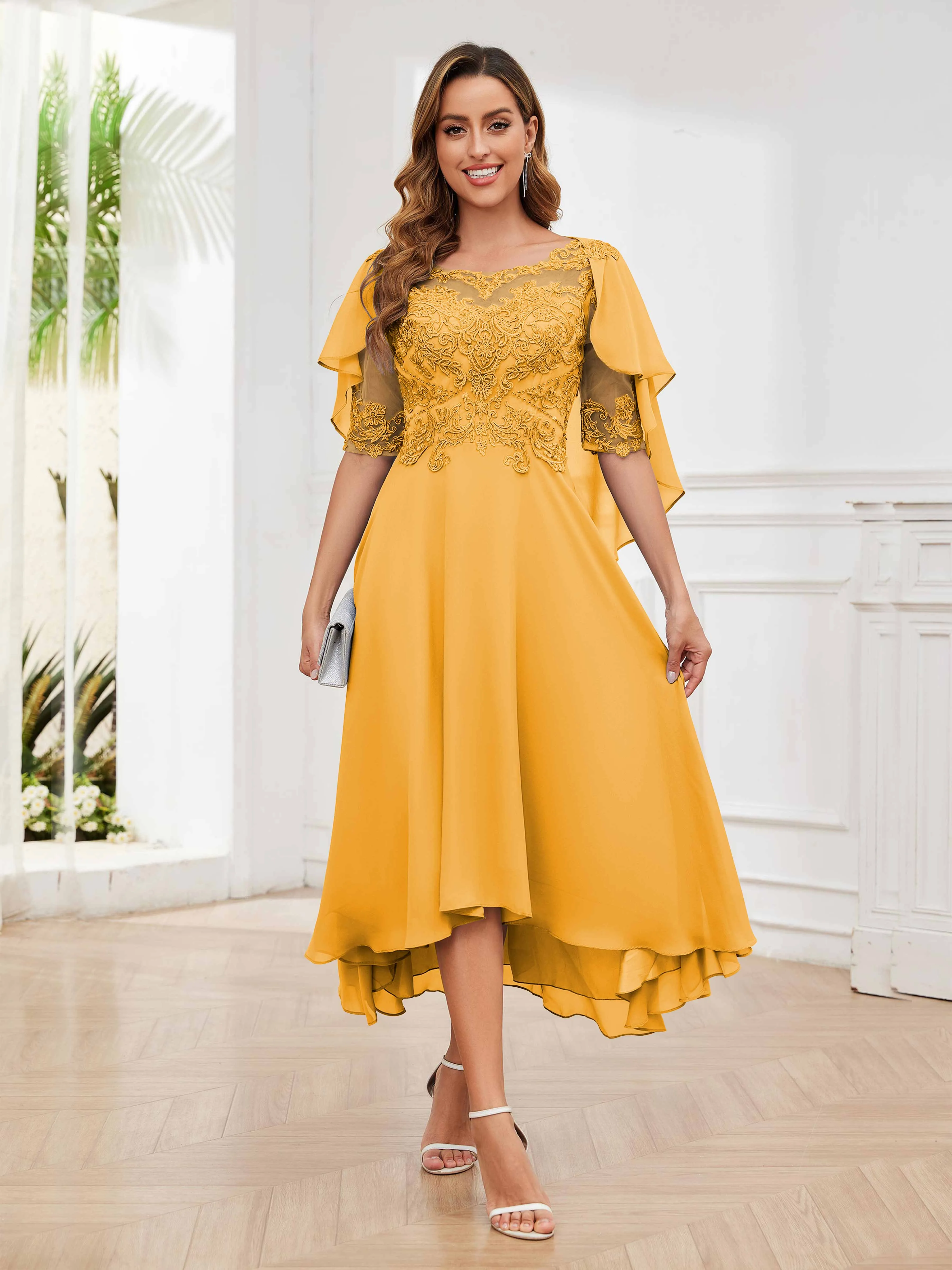 Jaliyah Trendy Illusion Lace Chiffon High Low Mother of the Bride Dresses