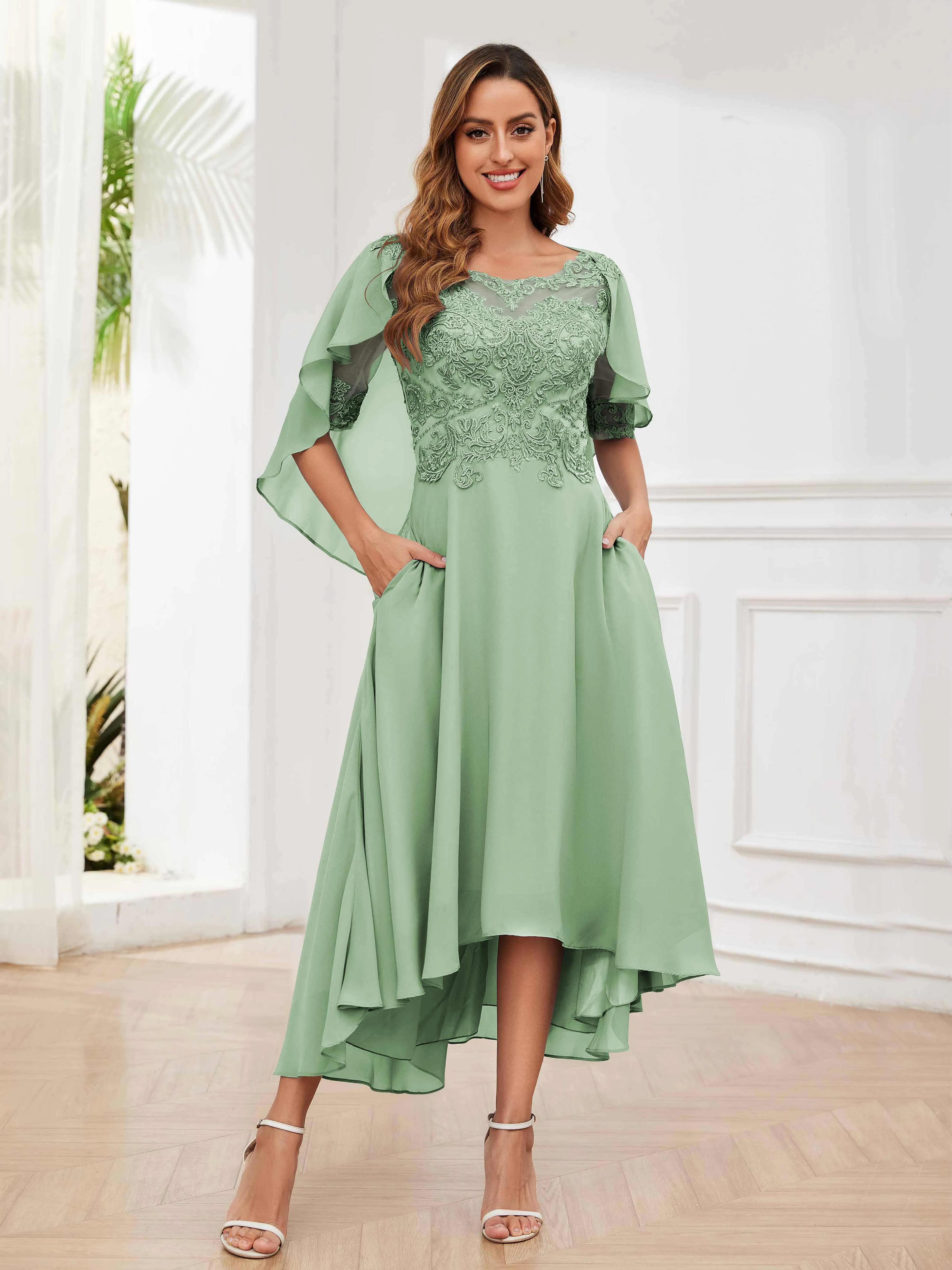 Jaliyah Trendy Illusion Lace Chiffon High Low Mother of the Bride Dresses