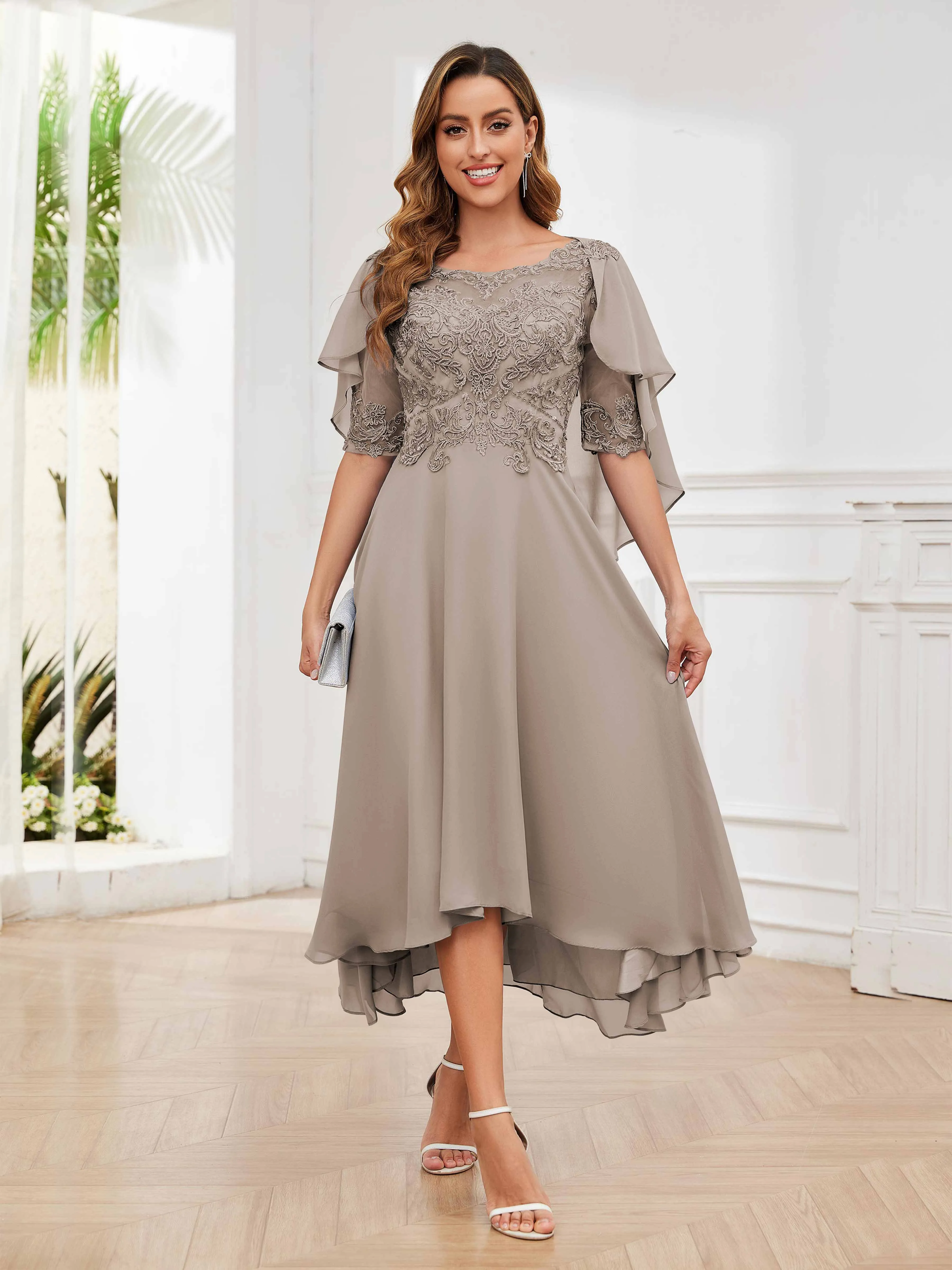 Jaliyah Trendy Illusion Lace Chiffon High Low Mother of the Bride Dresses