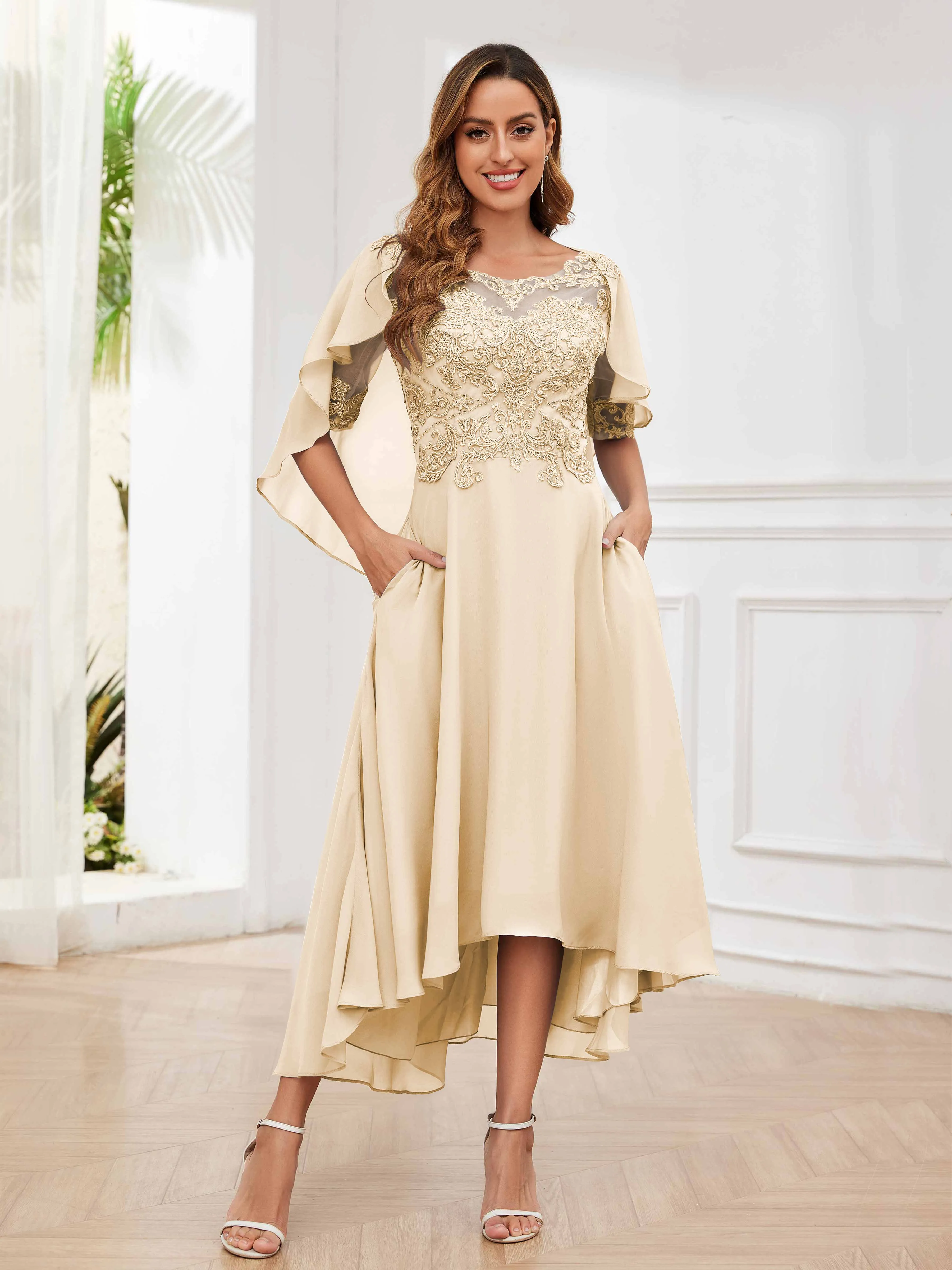 Jaliyah Trendy Illusion Lace Chiffon High Low Mother of the Bride Dresses