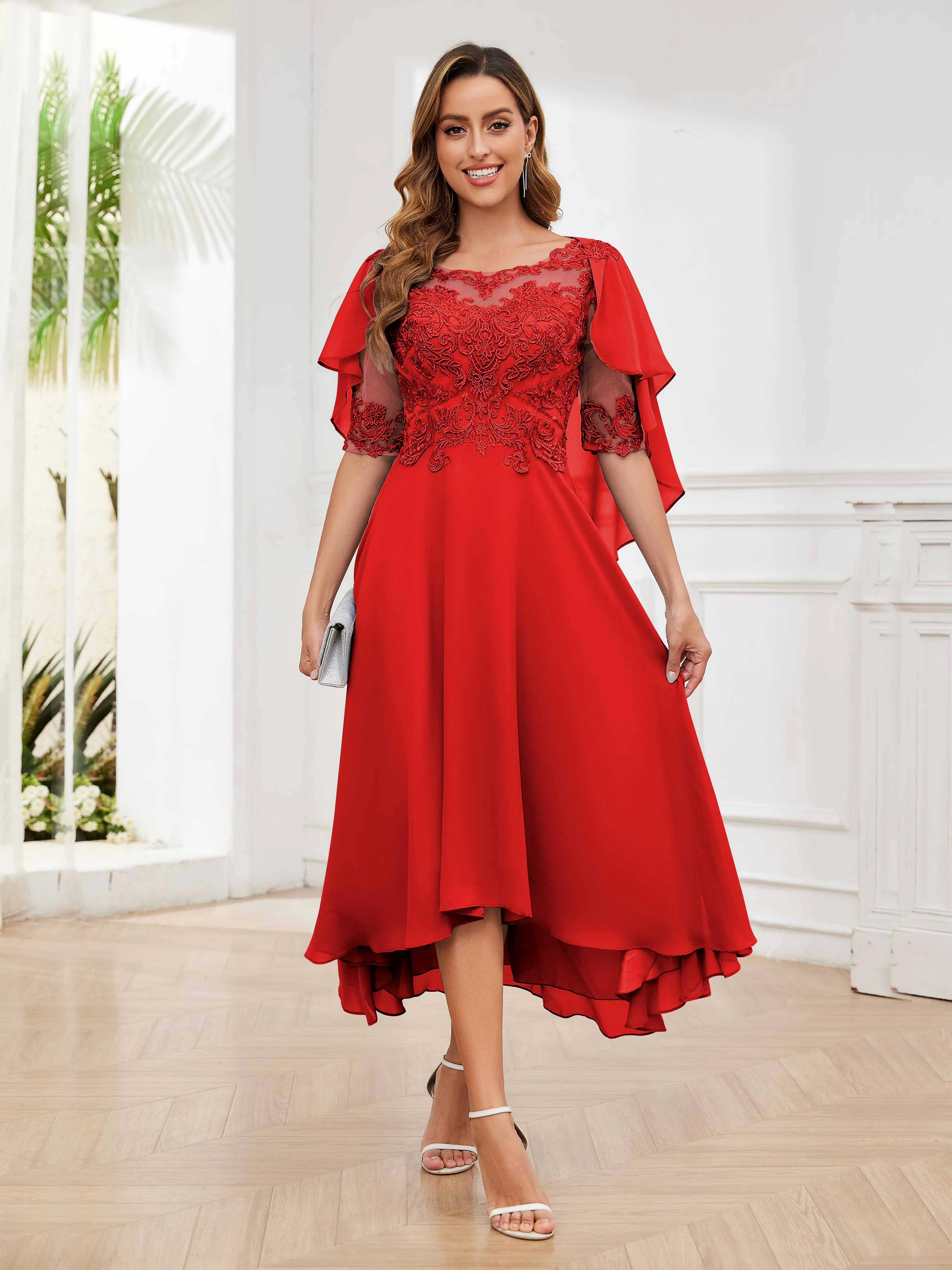 Jaliyah Trendy Illusion Lace Chiffon High Low Mother of the Bride Dresses