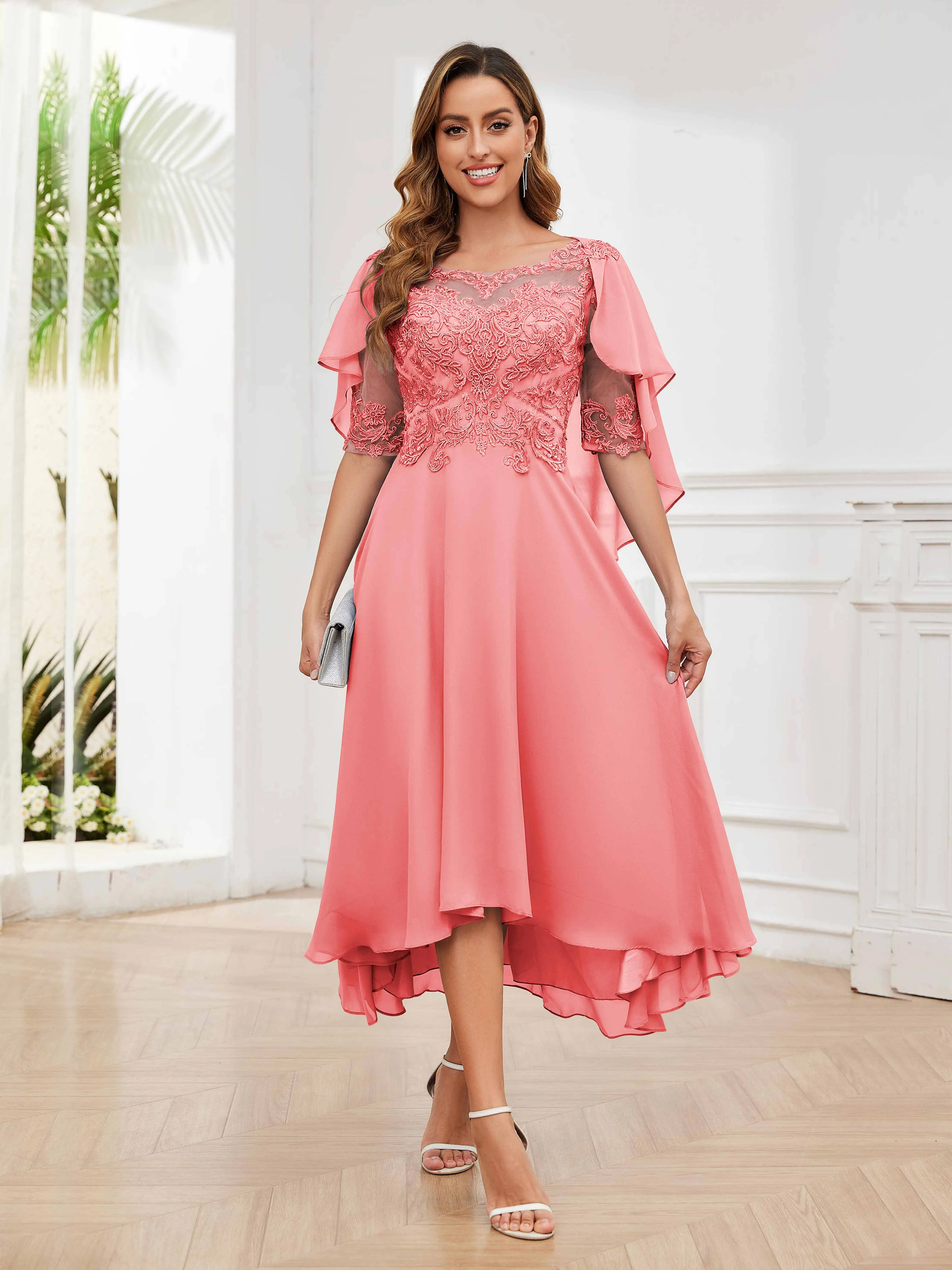 Jaliyah Trendy Illusion Lace Chiffon High Low Mother of the Bride Dresses