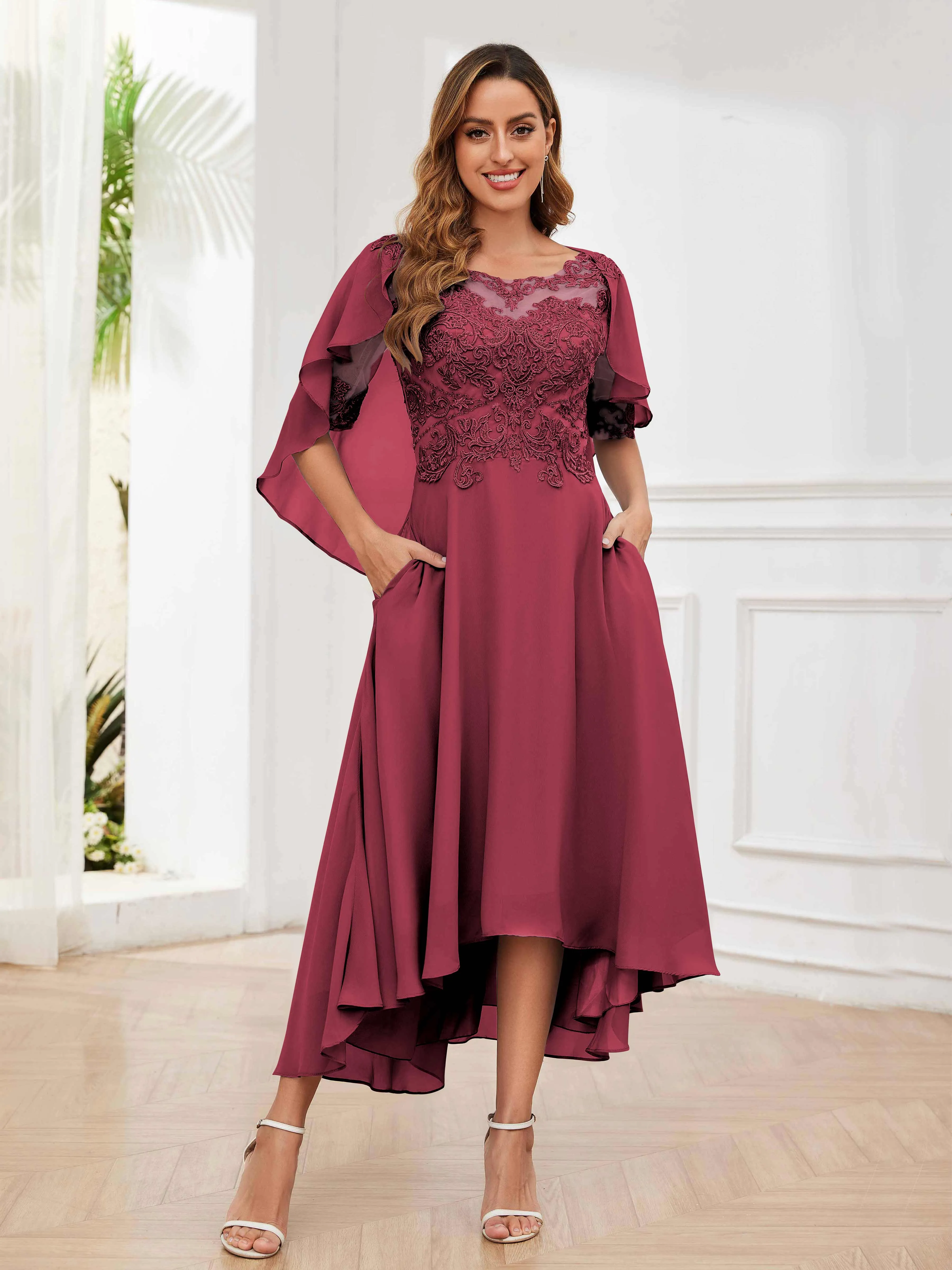 Jaliyah Trendy Illusion Lace Chiffon High Low Mother of the Bride Dresses