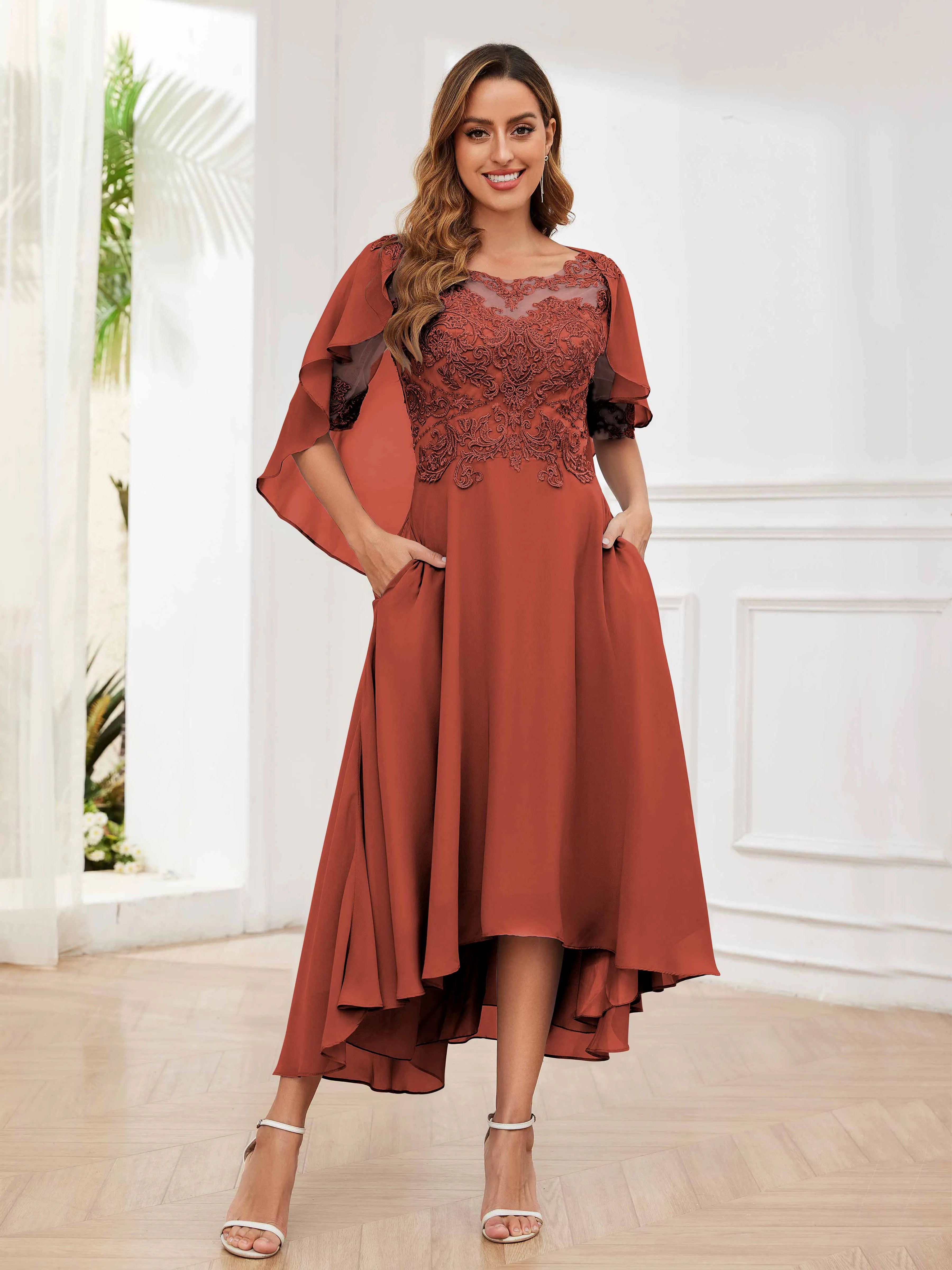 Jaliyah Trendy Illusion Lace Chiffon High Low Mother of the Bride Dresses