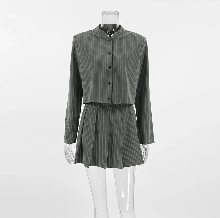 Joskaa Elegant 2-Piece Set for Woman College Style Striped O-Neck Collar Long Sleeved Blazer Jacket A-Line Mini Pleated Mini Skirt Set