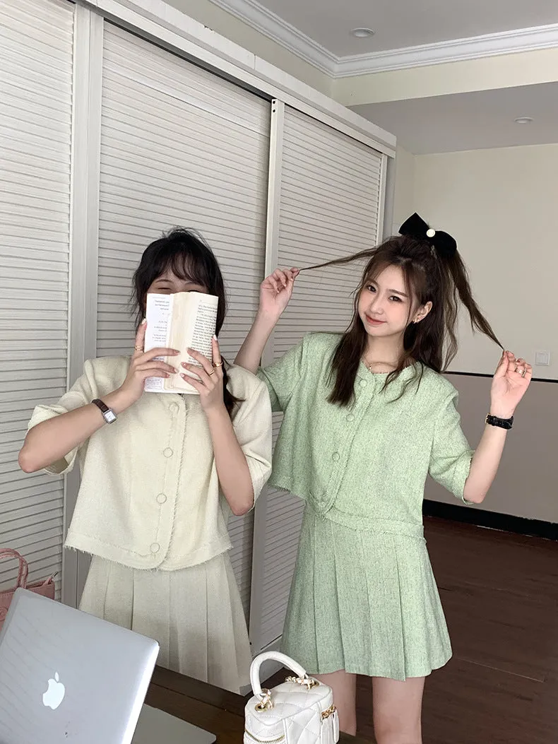 [Korean Style] Co-ord Collarless Short Sleeve Tweed Jacket Pleated Skirt 2 pc Set