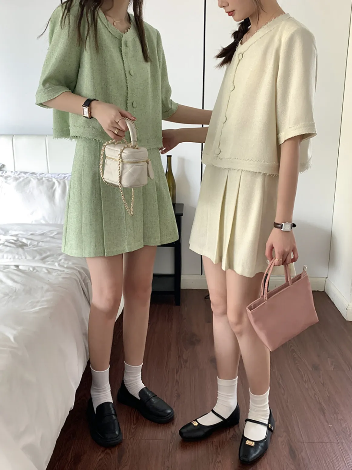 [Korean Style] Co-ord Collarless Short Sleeve Tweed Jacket Pleated Skirt 2 pc Set
