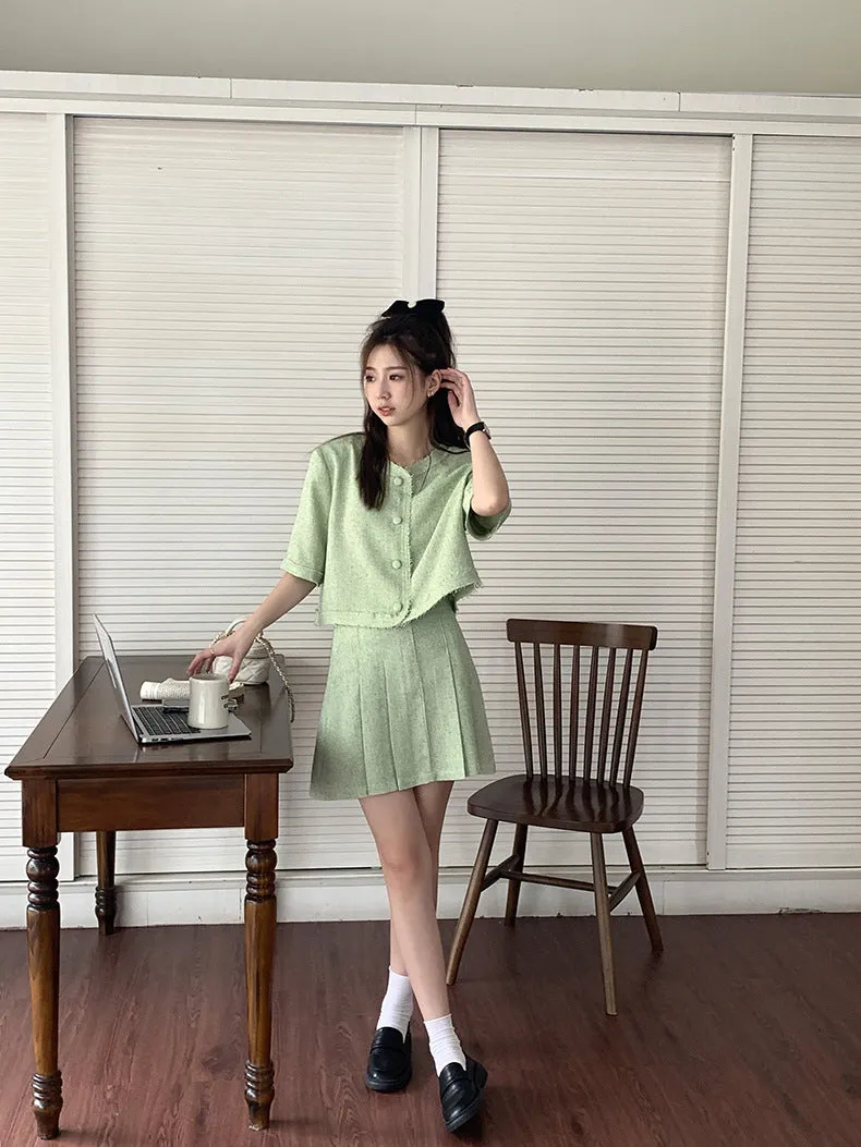 [Korean Style] Co-ord Collarless Short Sleeve Tweed Jacket Pleated Skirt 2 pc Set