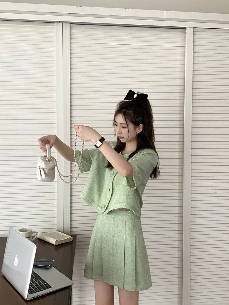 [Korean Style] Co-ord Collarless Short Sleeve Tweed Jacket Pleated Skirt 2 pc Set