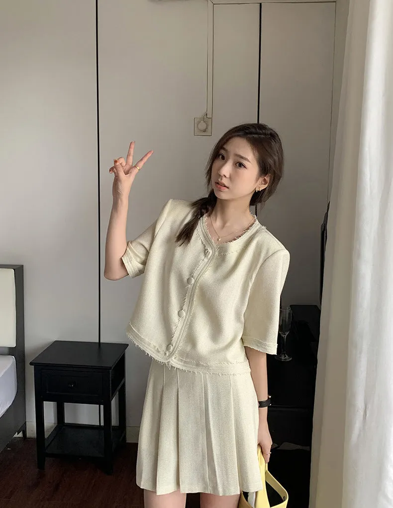 [Korean Style] Co-ord Collarless Short Sleeve Tweed Jacket Pleated Skirt 2 pc Set