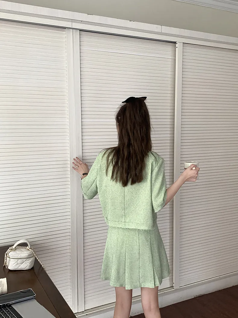 [Korean Style] Co-ord Collarless Short Sleeve Tweed Jacket Pleated Skirt 2 pc Set