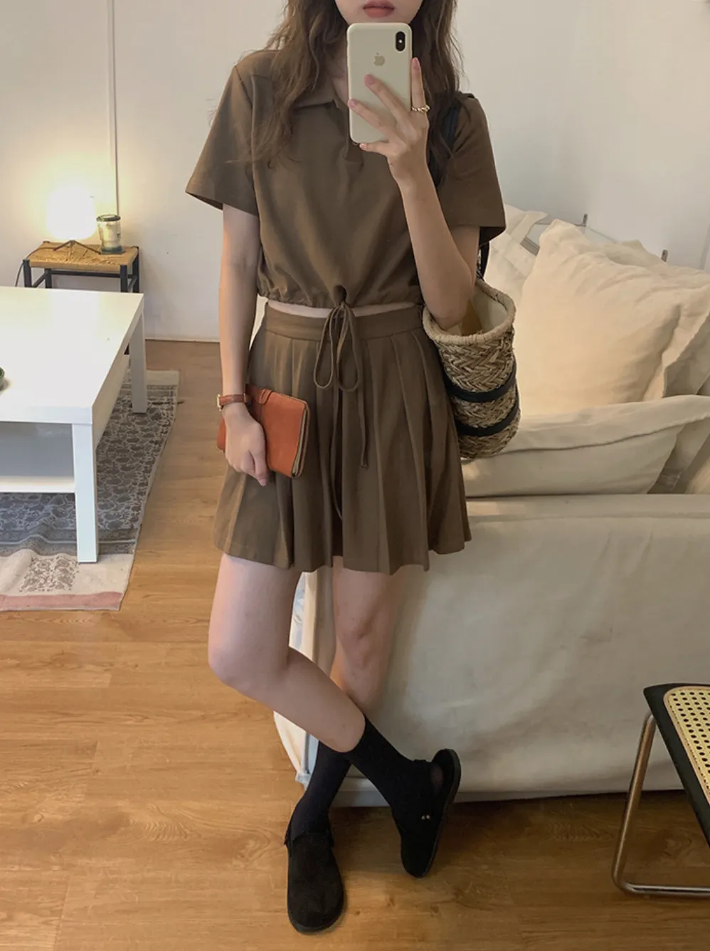 [Korean Style] Crop Polo Top Pleated Mini Skirt 2 pc Set