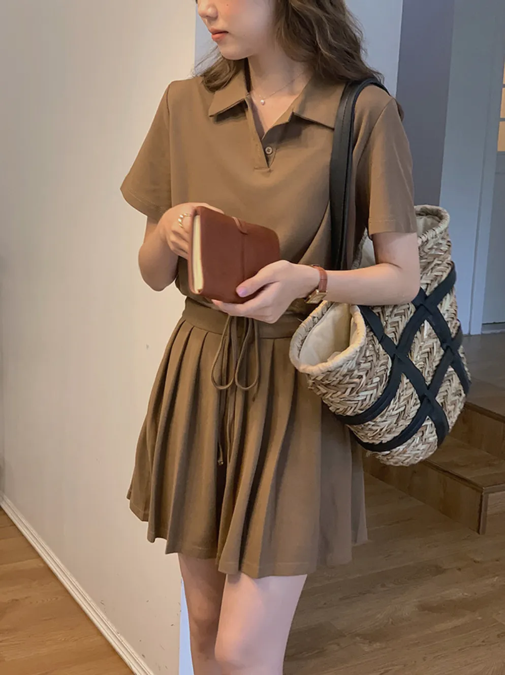 [Korean Style] Crop Polo Top Pleated Mini Skirt 2 pc Set