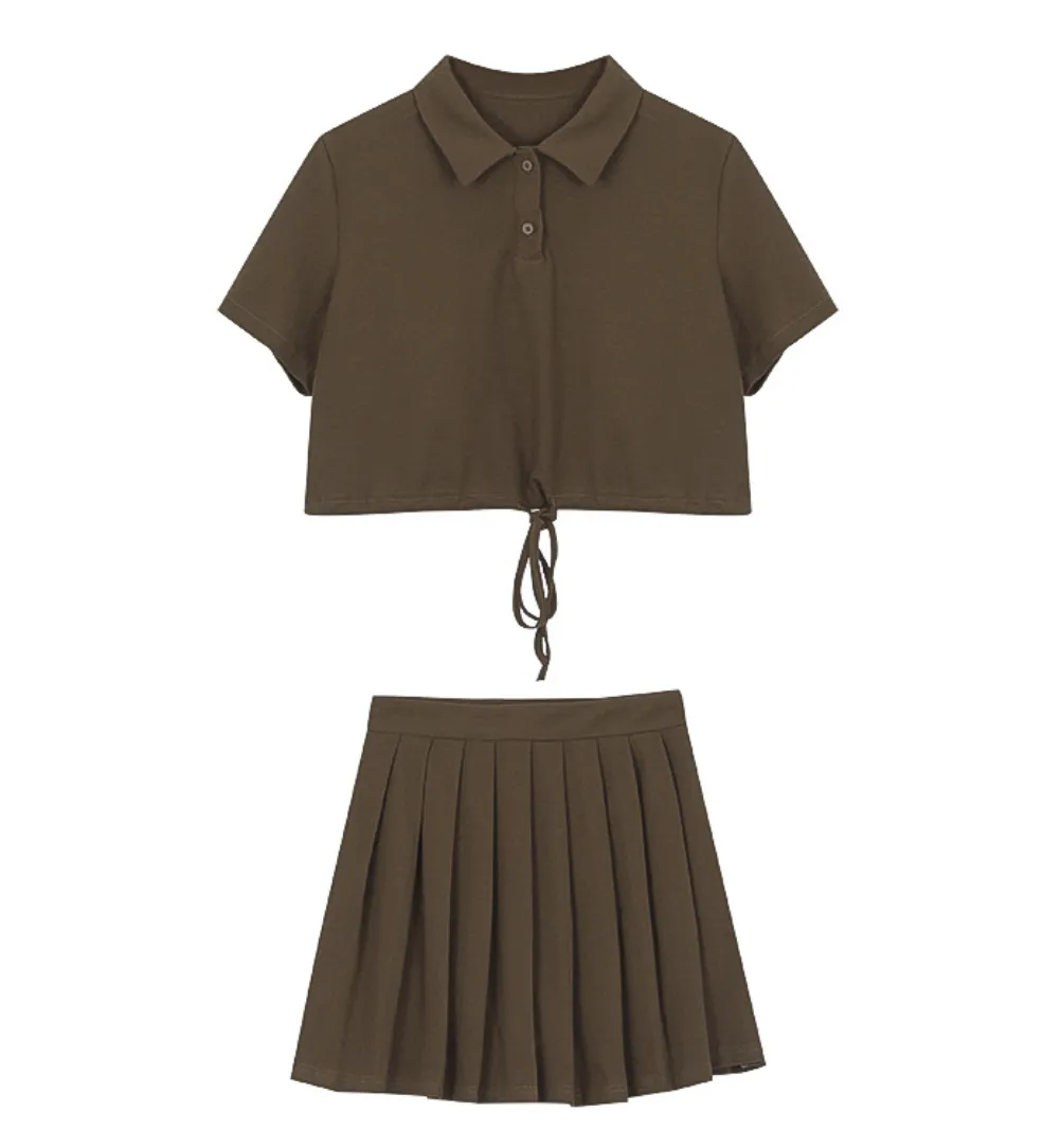 [Korean Style] Crop Polo Top Pleated Mini Skirt 2 pc Set