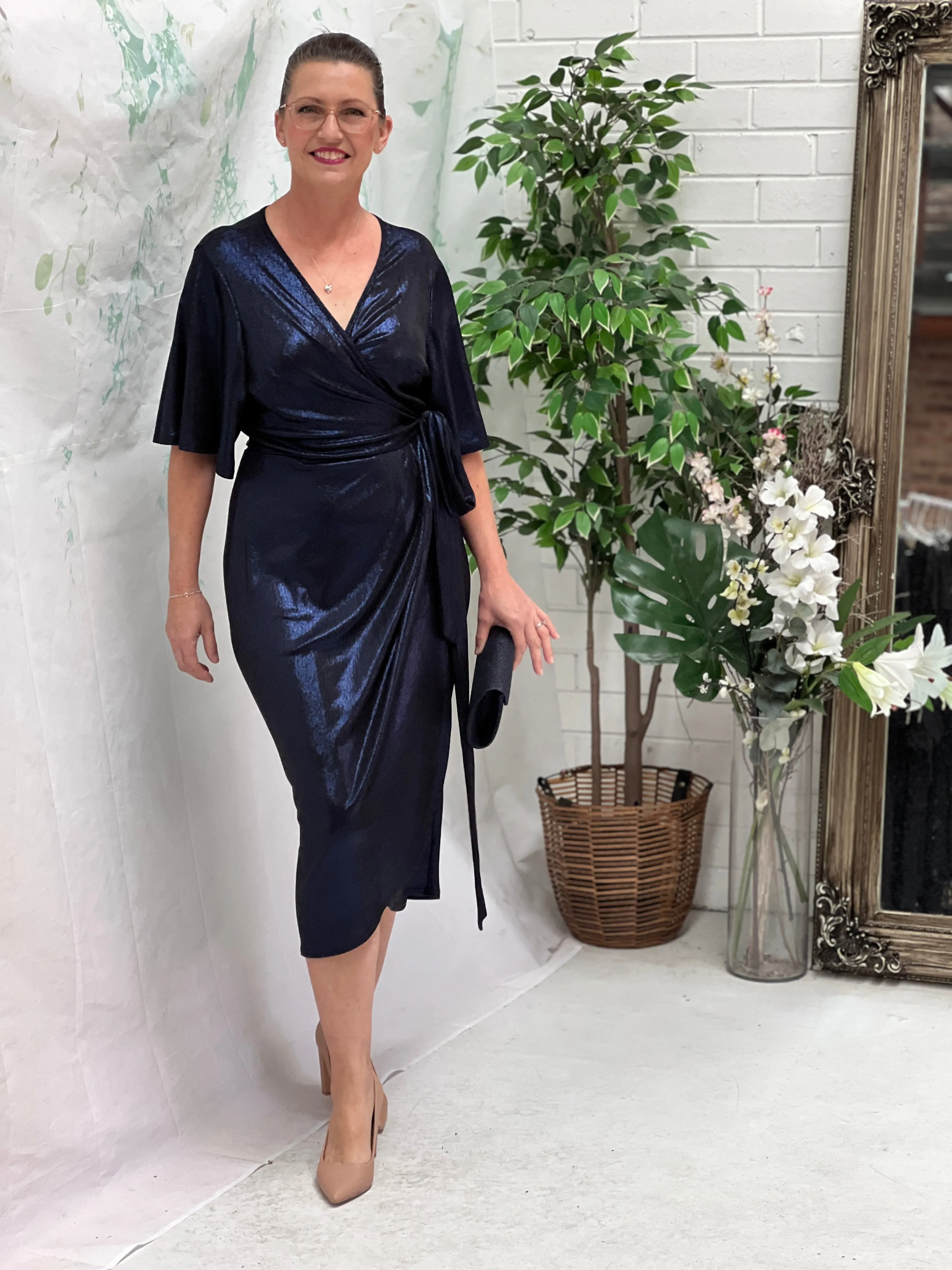 Kuss Navy Shimmer Wrap Dress